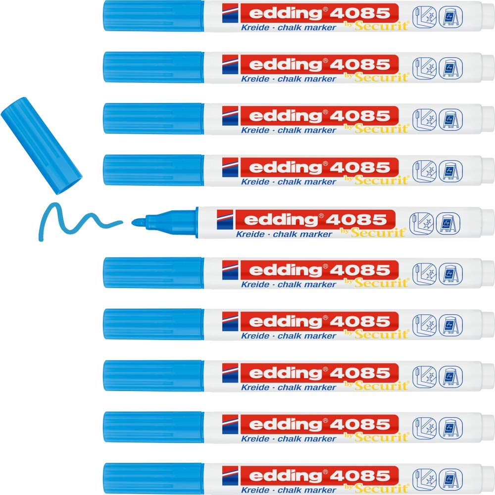 Edding 4085 marcador de tiza - azul - 10 rotuladores de tiza - punta redonda 1-2 mm - rotuladores para cristal borrables - para pizarras, vidrio y espejos - tiza líquida de cobertura opaca