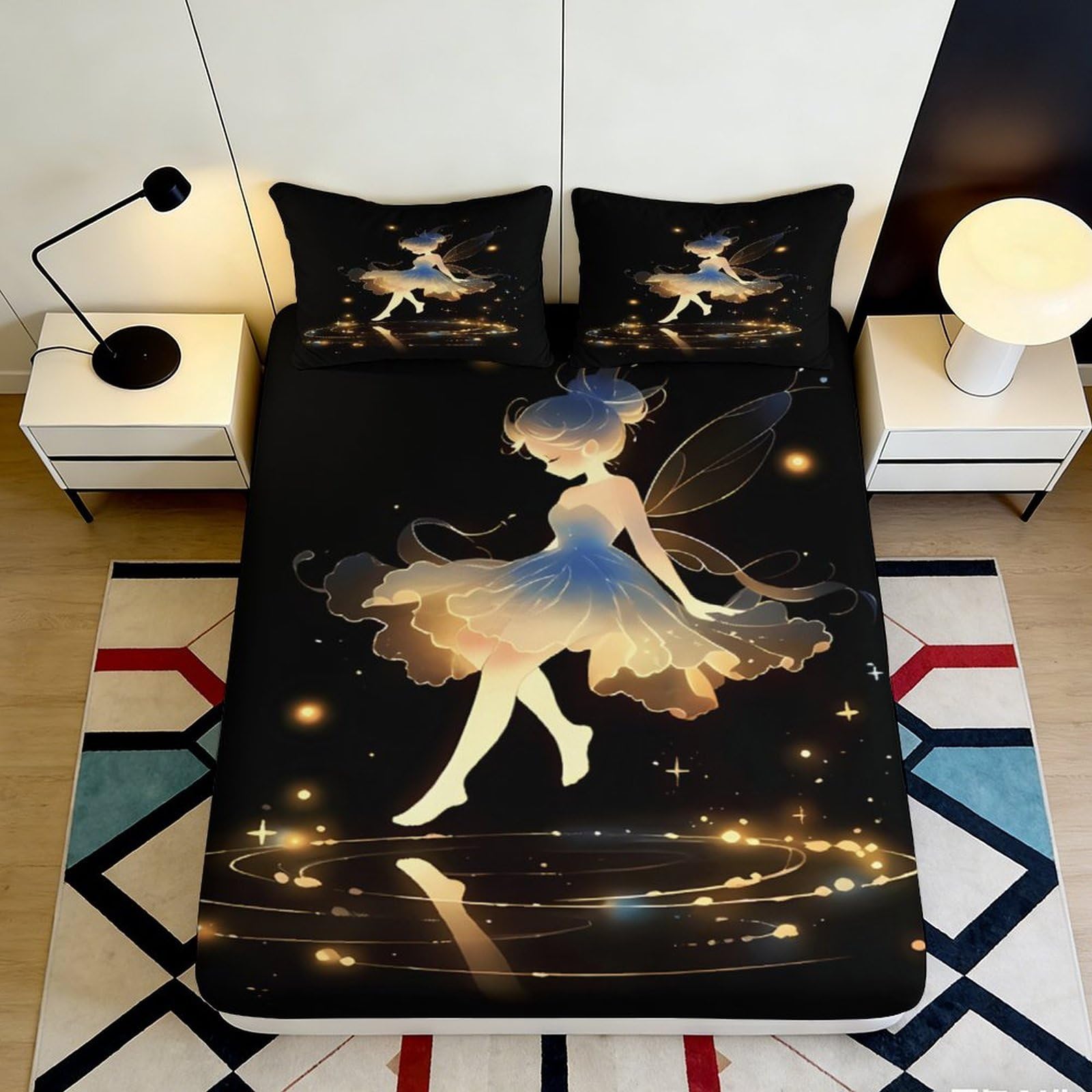 3D Printed Fairy Design Fitted Sheet Microfiber Non-Slip Deep Pocket Bed Fitted Sheet for Bedroom Fairy Mattress Fitted Cover Machine Washable Full Wrap 140x200x25cm