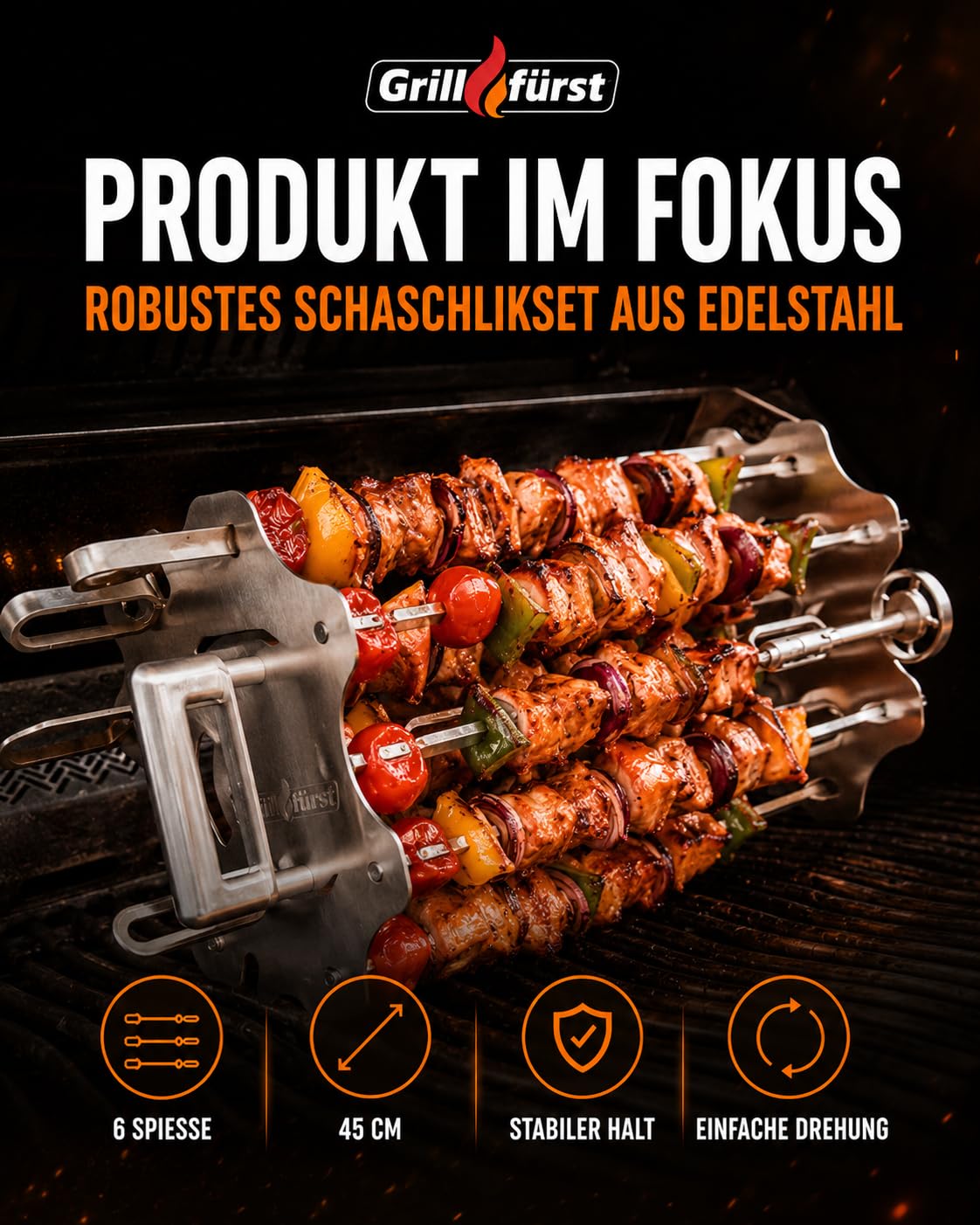 Grillfürst Juego de brochetas universales para brochetas y asadores, incluye 6 brochetas para shish kebab, giroscopios o kebab, longitud total: 45 cm