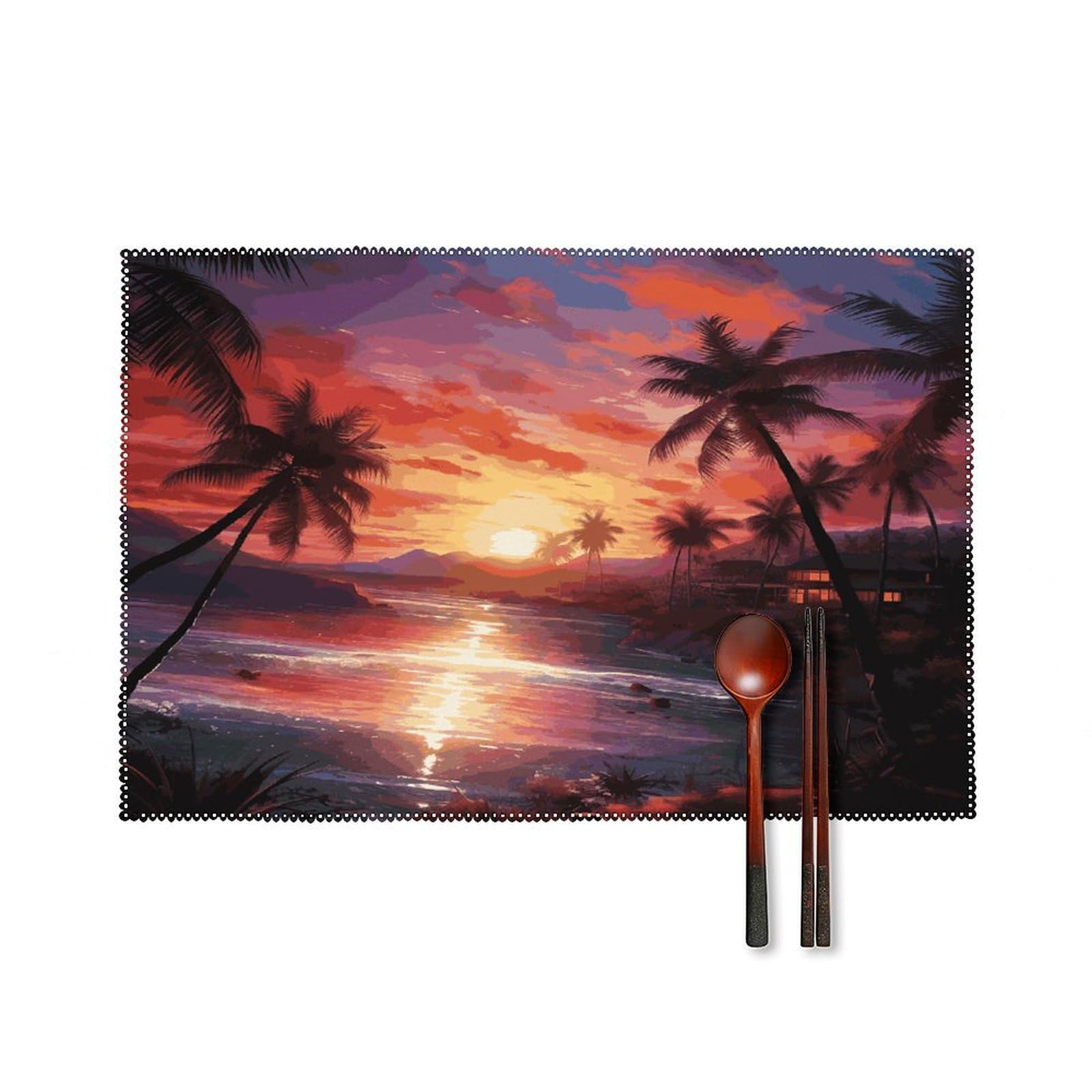 Colorful Tropical Sunset Placemats Washable Canvas Place Mats Decoration Placemat for Dining Table Easy to Clean Tables Mat Set of 6 for Kitchen Dining Room Coffee Table