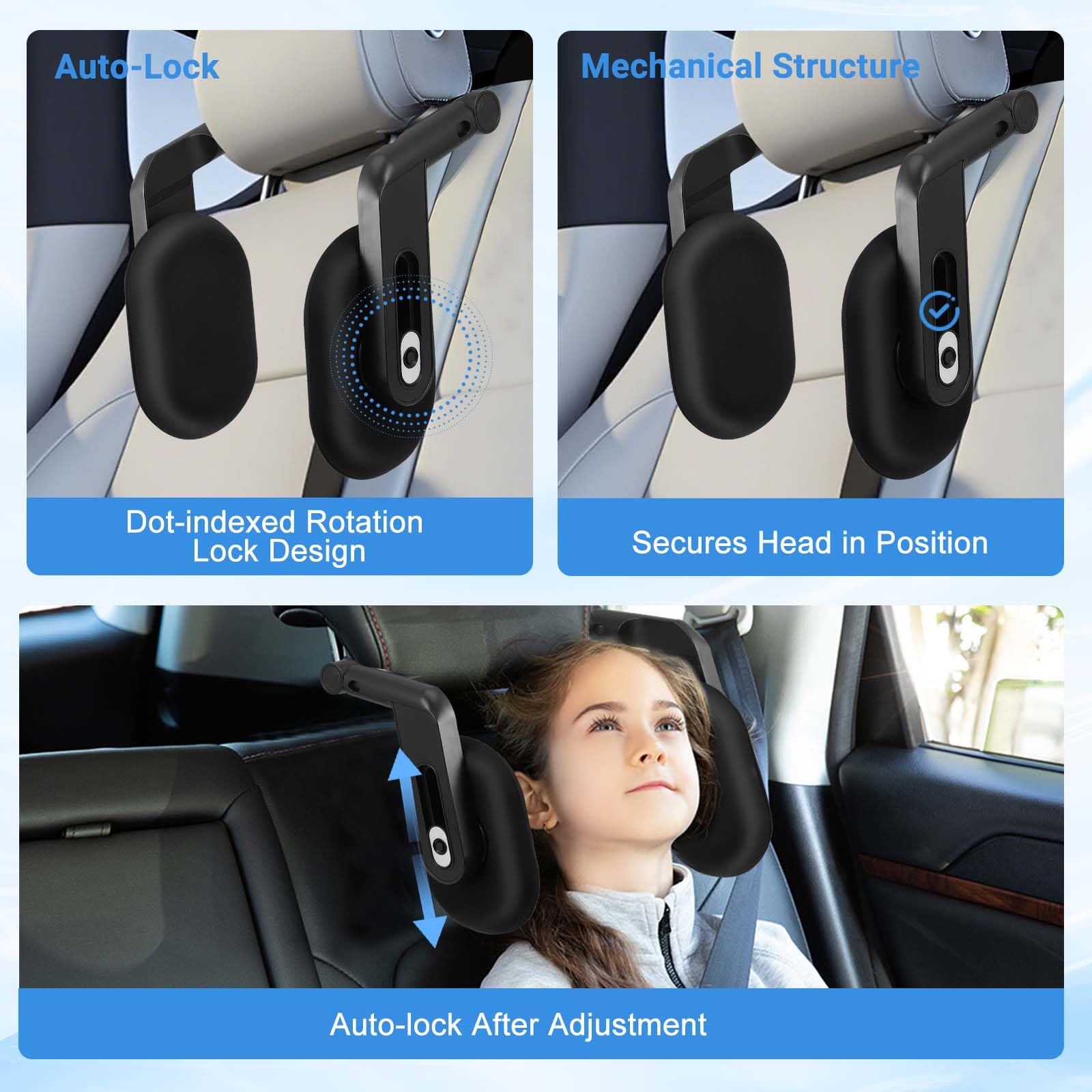 Kopfstütze Auto Kinder, Auto Kopfstütze 2025 Upgrade 360° Drehbare Reise Nackenstütze - 3 Punkt Verbindung Verstellbare Autositz Nackenkissen für Erwachsene,Atmungsaktive Memory Foam