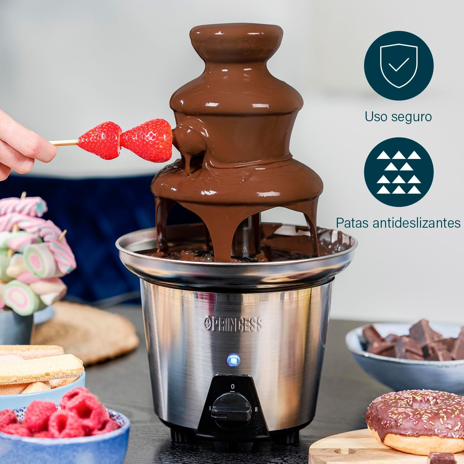 Princess 292998 Fuente de chocolate XL con 2 ajustes de potencia, 3 alturas, 0,7 litros de capacidad, 32.5 cm de altura, carcasa de acero inoxidable, apta para todo tipo de chocolate, 90 W