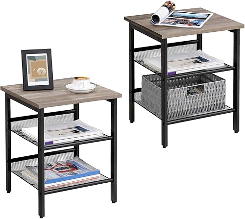 Miniatura 26 de VASAGLE - Juegos de 2 mesas auxiliares con estantes de malla ajustables, para sala de estar o dormitorio, con marco de acero industrial estable,