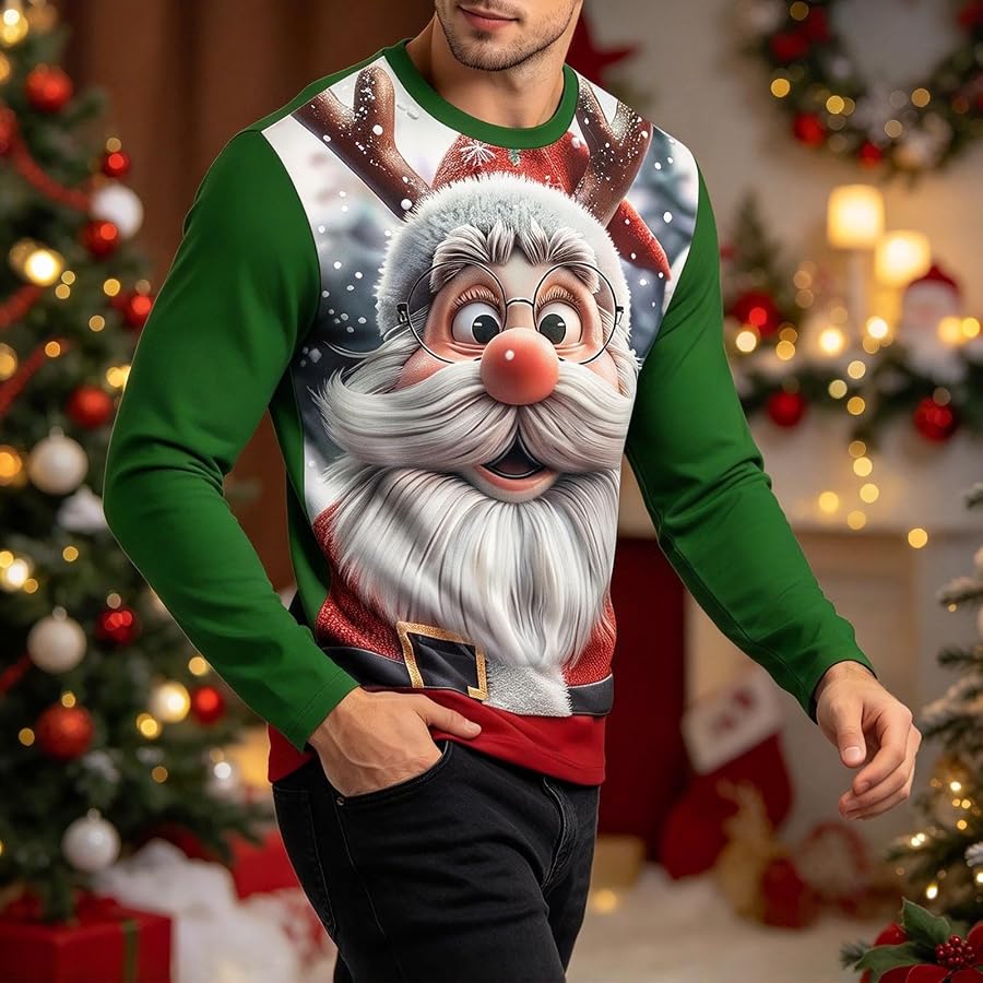 Weihnachtsshirt Herren Lustig Langarmshirt Weihnachtsmann Muster Tshirts | Weihnachten Langarm Shirt Rundhals Oversize Weihnachtsmotiv Sweatshirt Interessant Weihnacht Funny Bekleidung Grün S, Bild 6