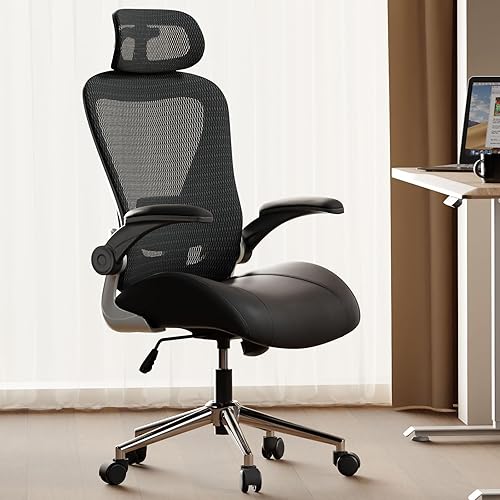 Silla ergonómica de oficina en casa para hombre y mujer, asiento curvado de cuero grueso de alta calidad con respaldo de malla transpirable,