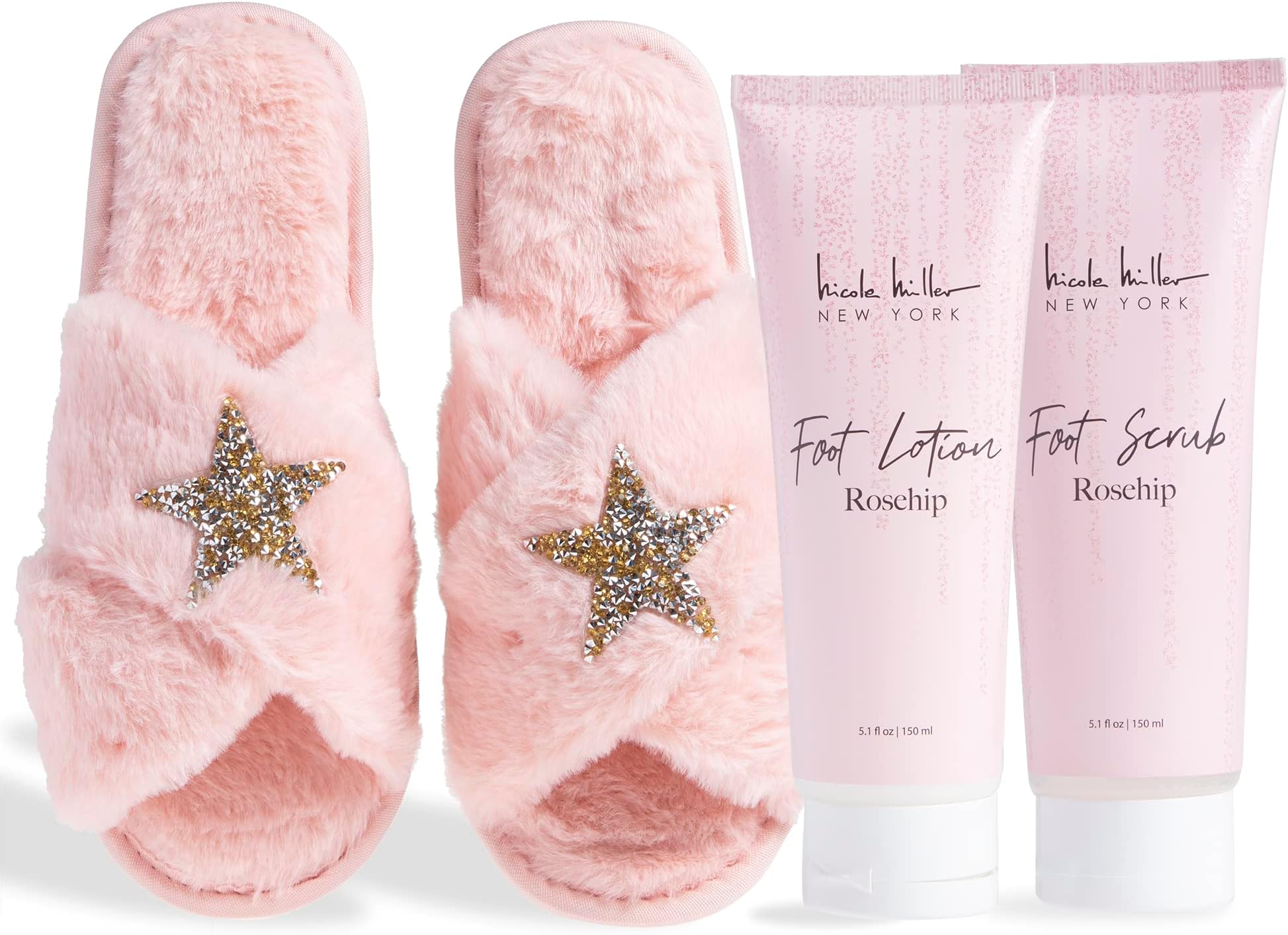 Nicole Miller Bath and Body Present Set Piece Foot Spa Set with Fuzzy Slippers, a Sponge, Foot Lotion, and Foot Scrub, Rosehip with Sparkle Star Slippers