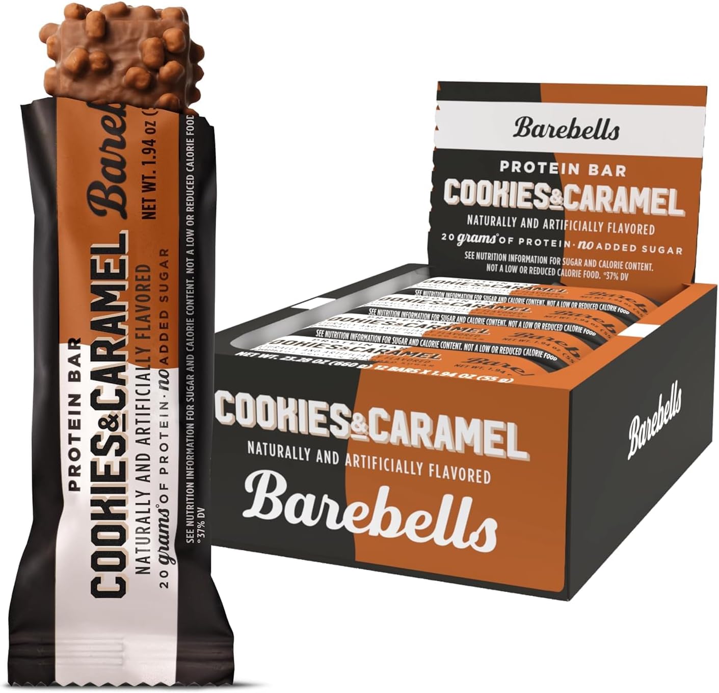 Barebells Protein Cookies and Caramel - 12 Count, 1.9oz Bars - Protein Snacks with 20g of High Protein - Chocolate Protein Bar with 1g of Total Sugars - On The Go Protein Snack & Breakfast Bars