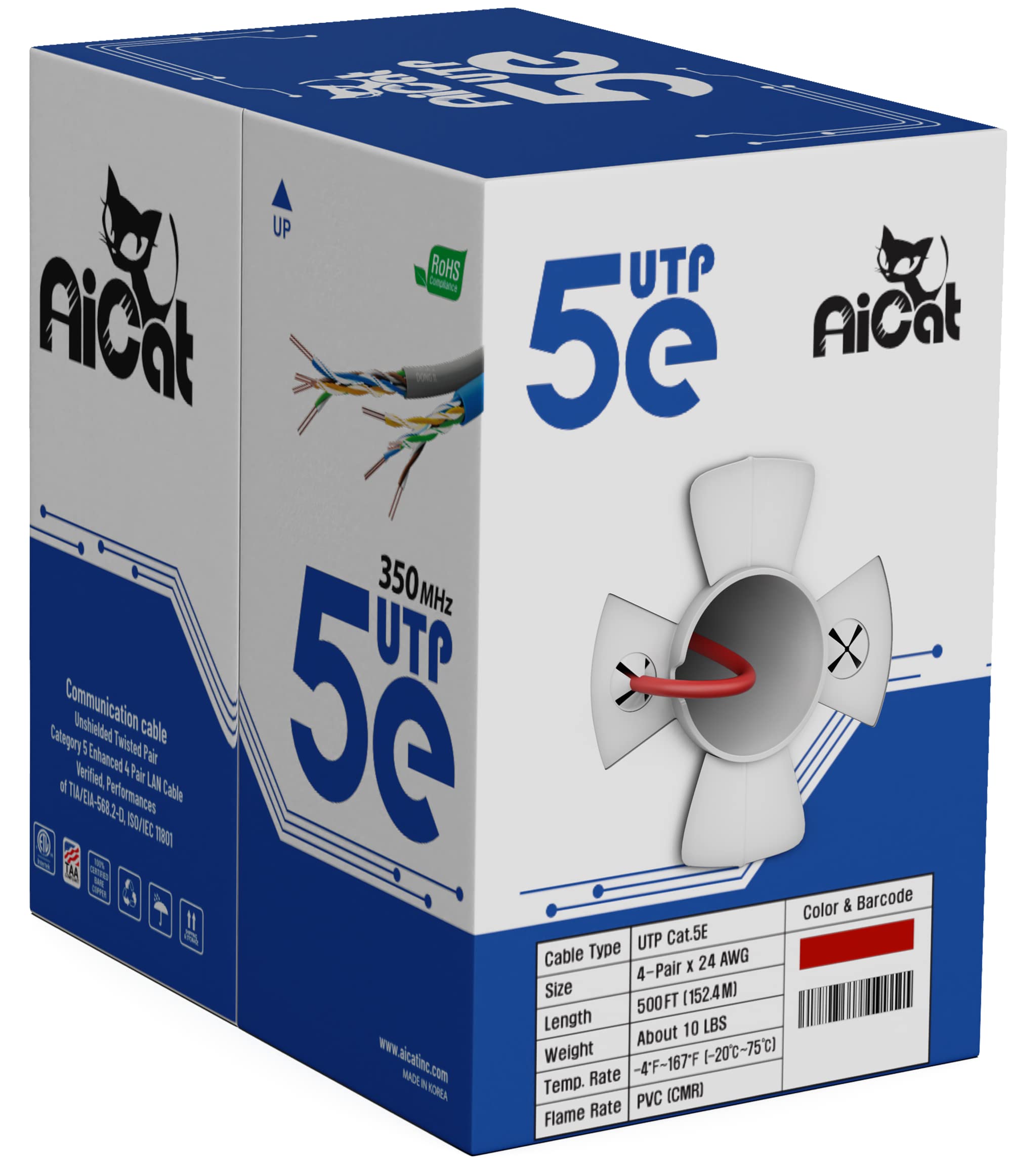 AiCat Cavo Ethernet Cat5e, 152,4 m - 24 AWG, CMR, ETL, cavo Internet isolato in rame nudo con FastReel - Cavo LAN UTP non schermato 350MHZ/Gigabit Speed (rosso)