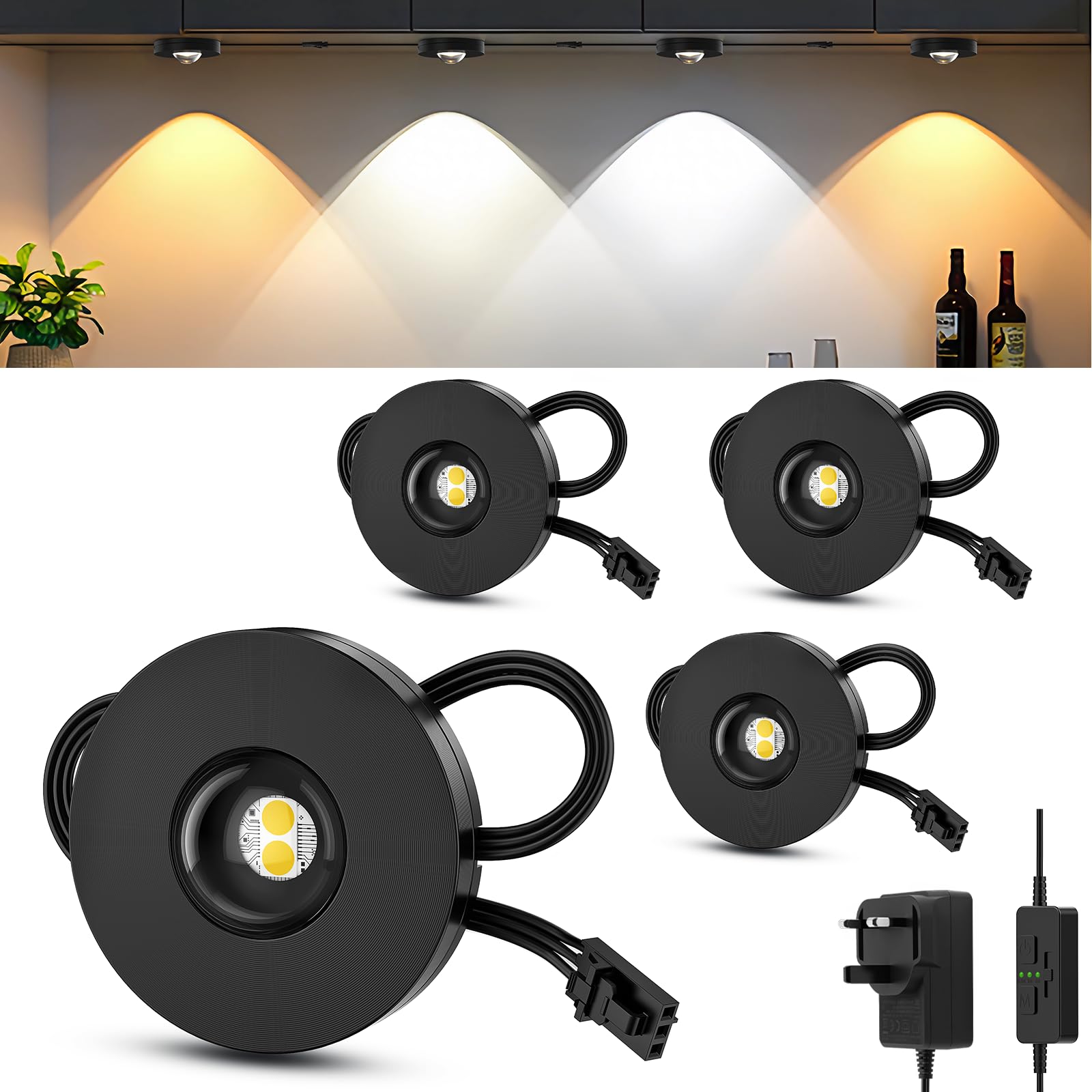 AIBOO Iluminación debajo del gabinete, temporizador y luces CCT de disco de 3000-6000 K, regulables con controlador deslizante, luces de mostrador enchufables para armario de cocina, vitrina