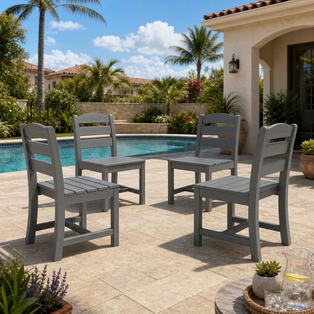 SERWALL Outdoor HDPE Armless Dining Chairs Set of 4,All-Weather Use,Gray