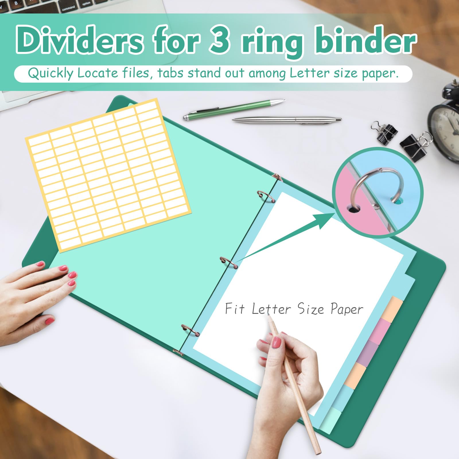 Divisores de carpeta de plástico con pestañas, 8 divisores de pestañas, separadores de páginas coloridos para carpeta de 3 anillos (8)