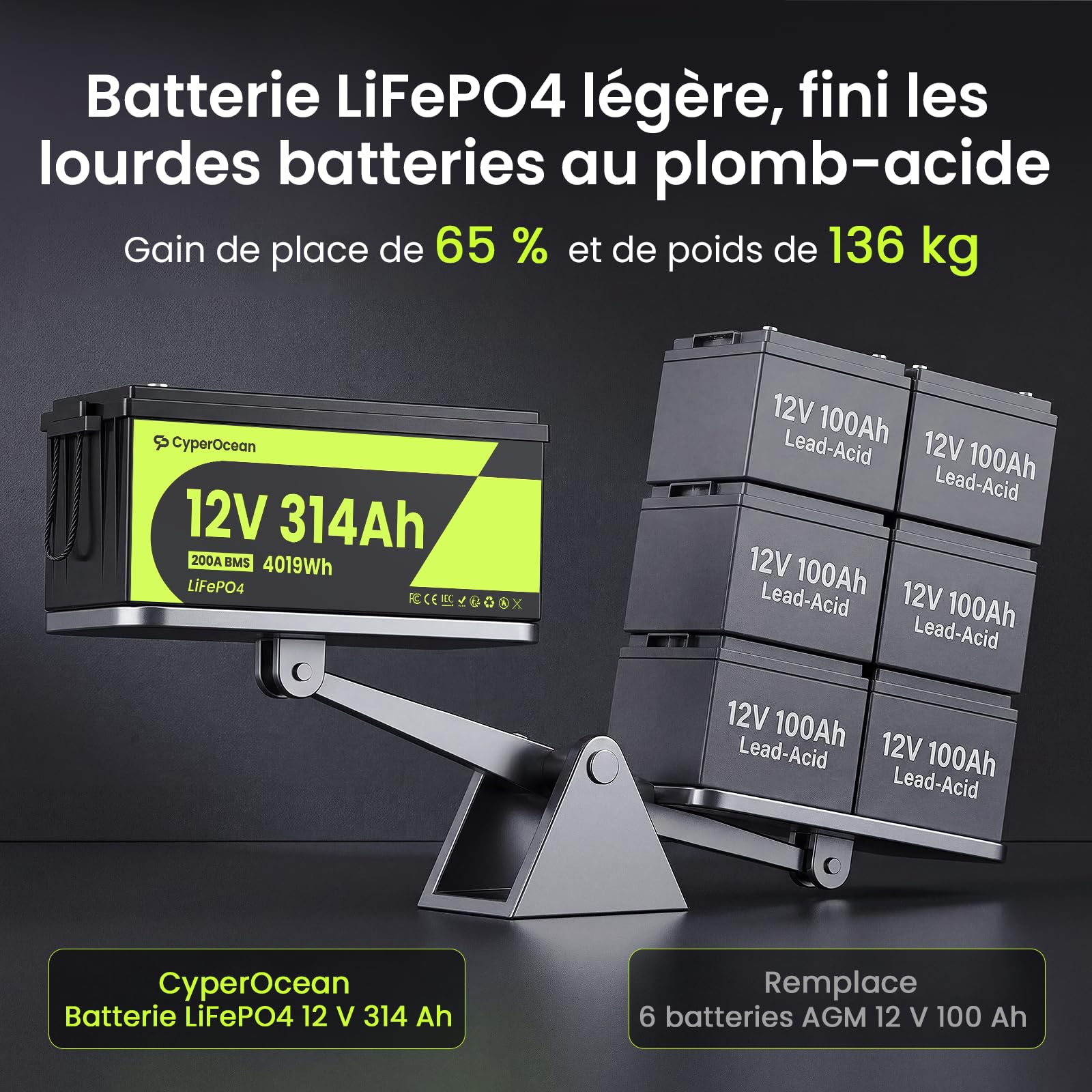 Lot de 2 Batteries LiFePO4 12V 314Ah, 8038Wh Batterie Lithium avec BMS 200A Protection Basse Température, Plus de 15000 Cycles, pour Camping-Car, Solaire, Bateau, Système Hors Réseau
