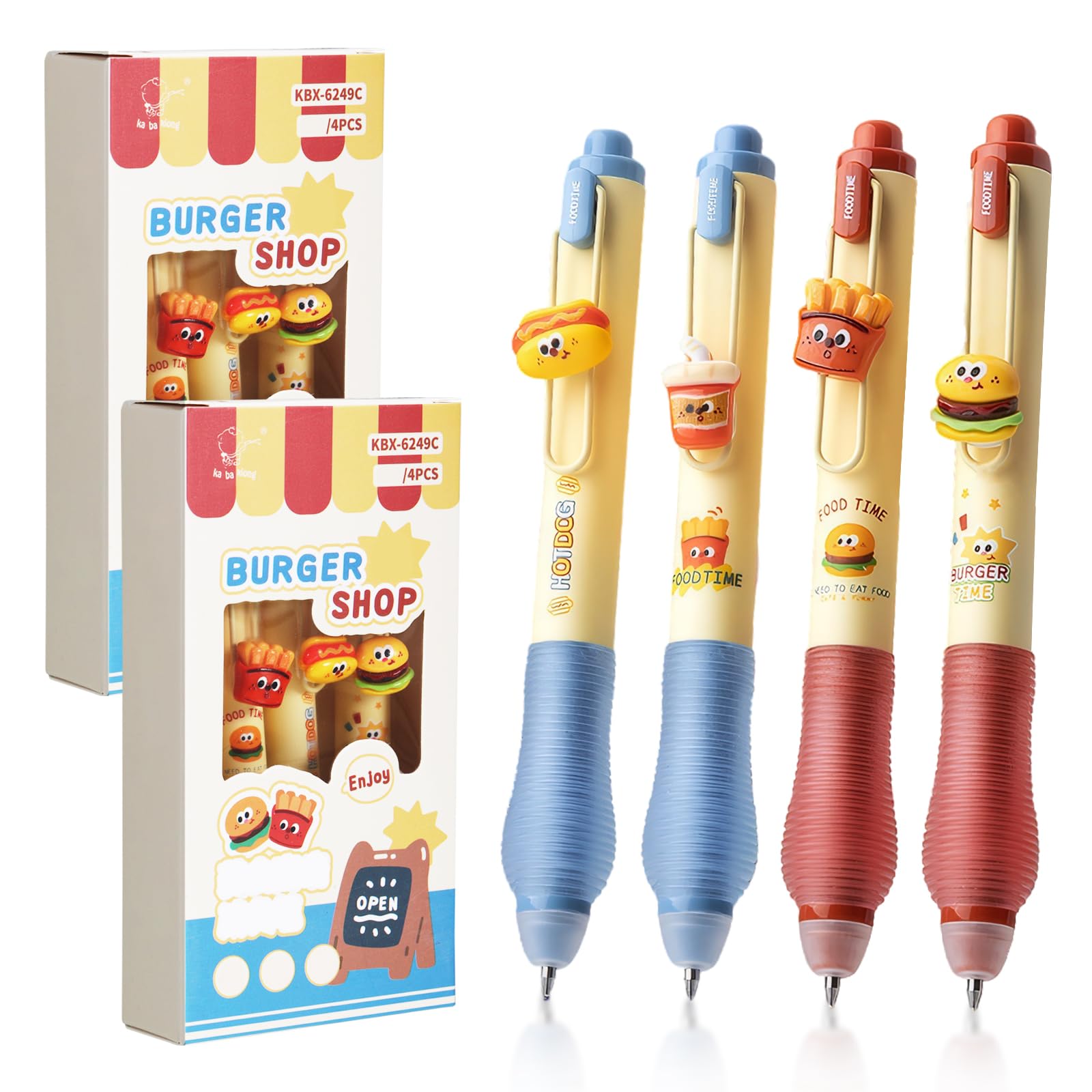 8PCS Erasable Pens Set - Cute Kawaii Burger Shop Rub Out Pen, 0.5mm Erasable Gel Pens (4 Blue & 4 Black) with Ultra-Soft Burden-Reducing Grip, Fidget Pen Design Stationery Gift for Girls/Students/Off