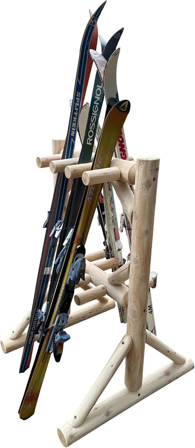 8-Place Freestanding Log Ski Rack Holder, Indoor & Outdoor Snowboard Racks, Garage Racks for Snow Skis, Durable Snowboard Rack Garage Storage Organizer - Canyon Brown