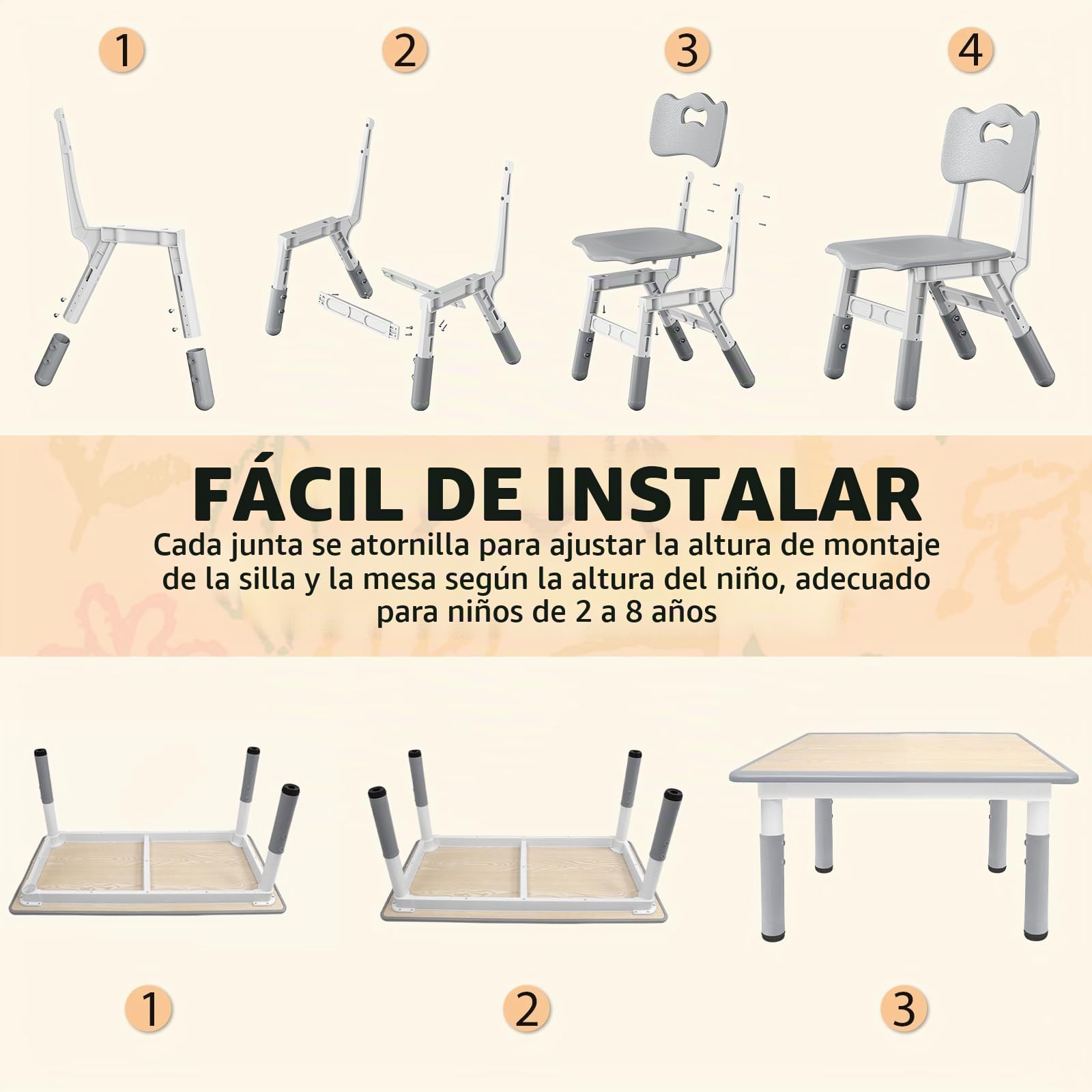 Mesa infantil con 2 sillas, grupo de asientos para niños, altura regulable de HDPE y ABS, mesa de juegos multifuncional para niños a partir de 2 – 10 años, juego de sillas ergonómicas para