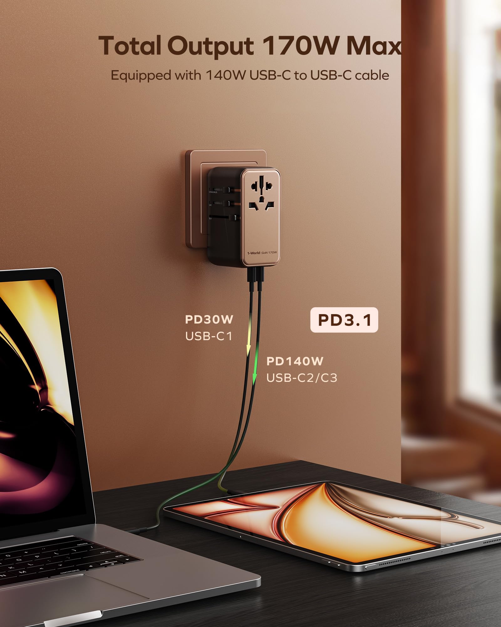 Adattatore Da Viaggio Universale MOMAX 170W GaN – 4 Porte USB, Spina Intercambiabile, Per Oltre 200 Paesi