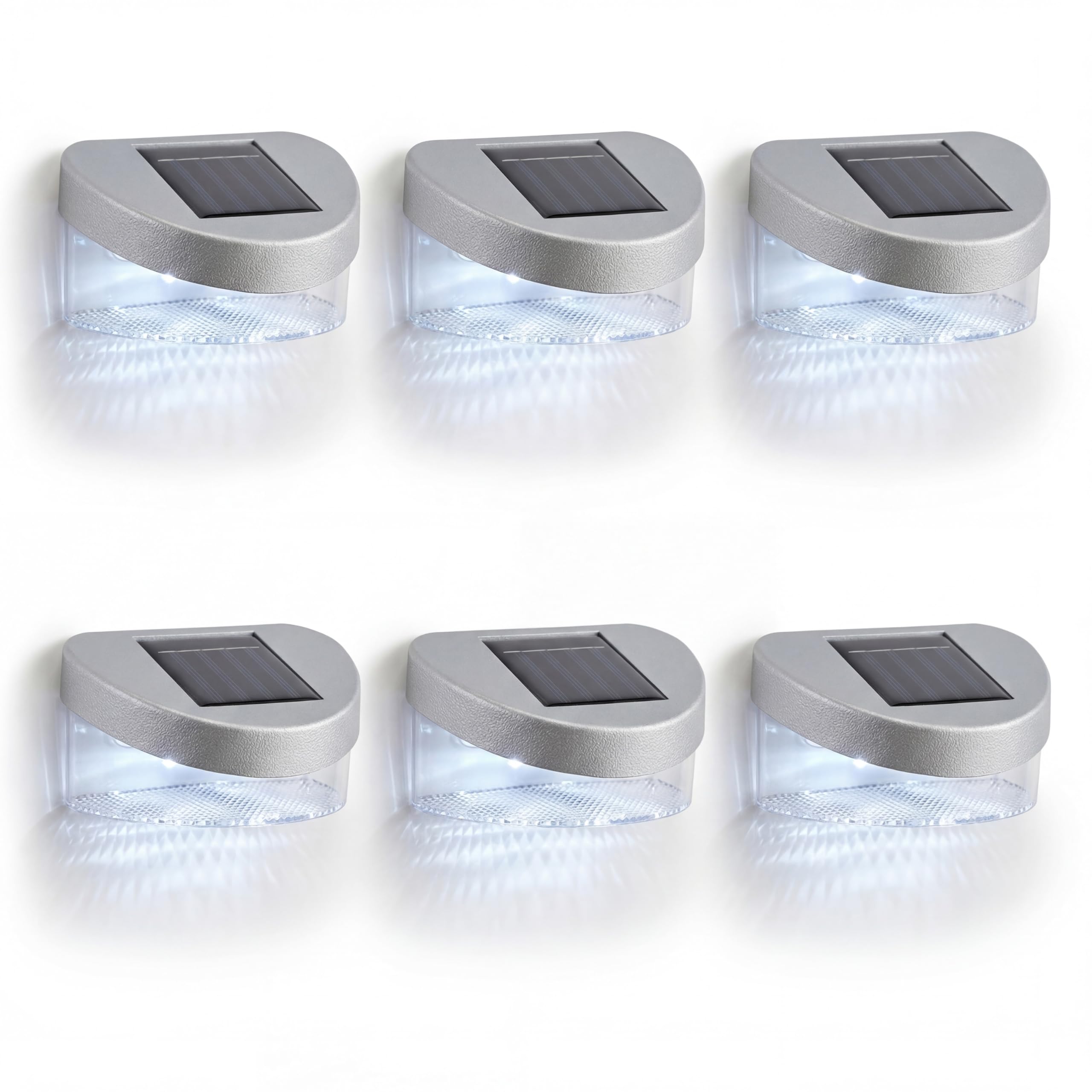 Geezy 6 X Silver Solar Deck Light Solar Fence Lights, Set Of 6 - Silver Waterproof Pathway Wall Lamp With Bright White Leds & Dusk To Dawn Sensor - Outdoor Security Garden Fence Solar Lights, Patio Decoration & Deck Lighting