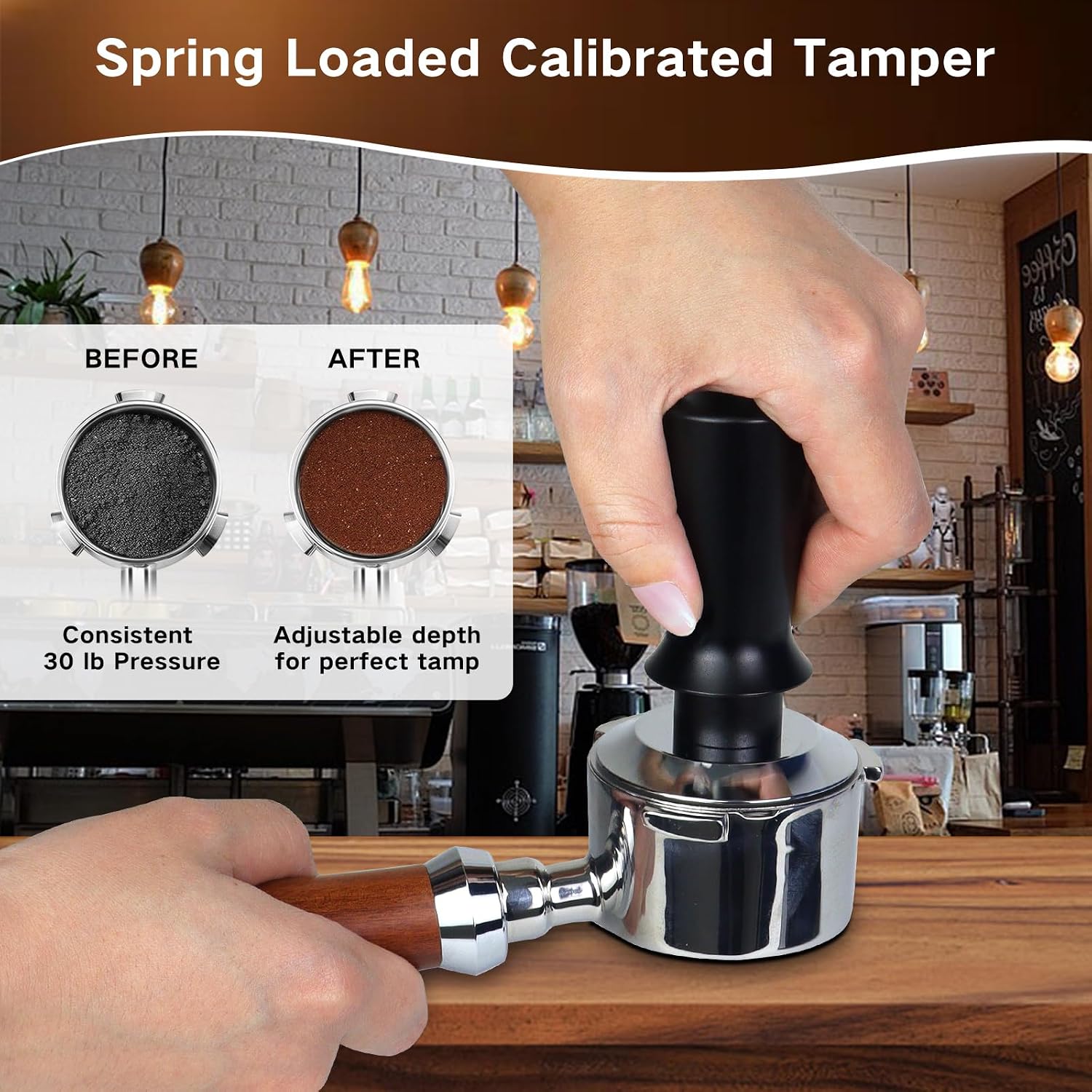 53mm Spring Loaded Calibrated Espresso Tamper, Self Leveling Barista Coffee Tamper, Flat Base, Fits 54mm Portafilters