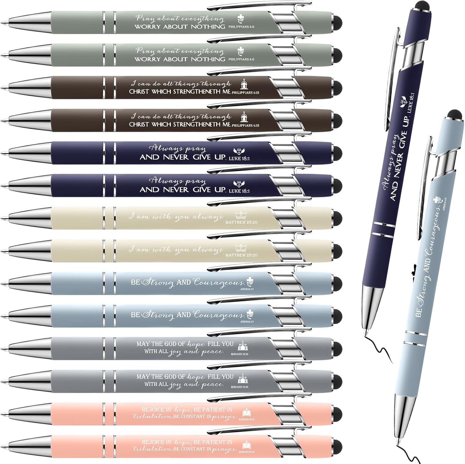 Fumete 42 Pcs Christian Gifts for Church Members Ballpoint Bulk Sunday Gift for Church Stylus with Inspirational Bible Verse Quote Touch Screen Sunday Baptism Party Favor, Ink(Mild Color)