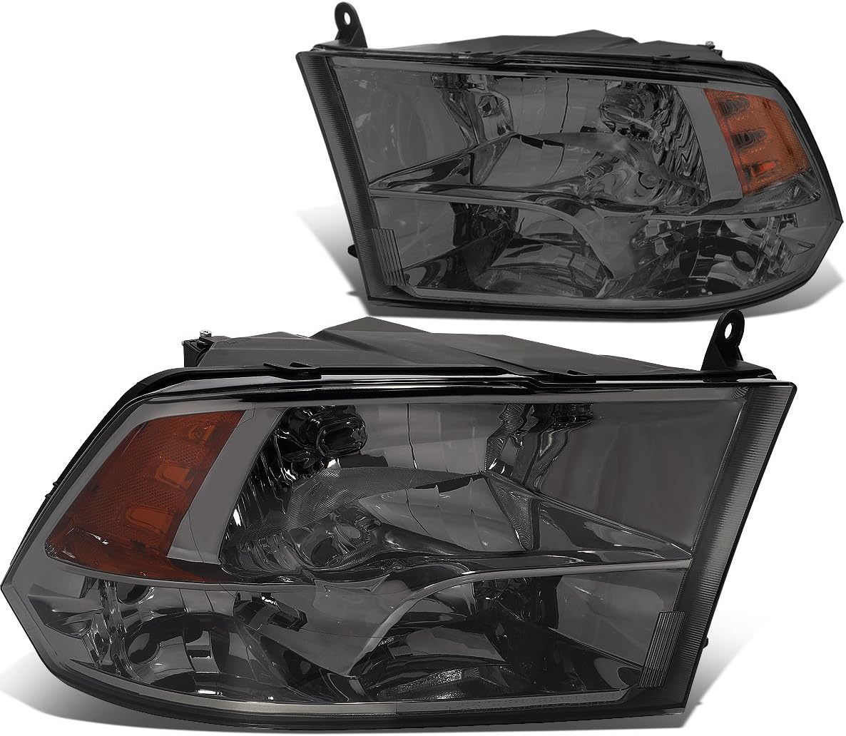 DNA MOTORING HL-OH-DR09QUA-SM-AM Smoke Lens Amber Headlights Compatible with 10-18 Ram 1500-5500,Fit Dual or Quad Headlight Models