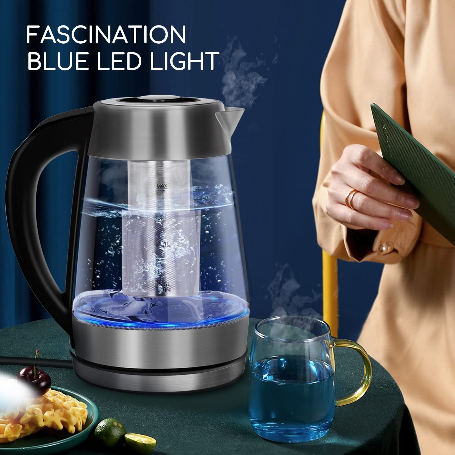 Aigostar Bouilloire en verre 2200W 1.7L Température Réglable 60-100°C Maintien au chaud Filtre à thé