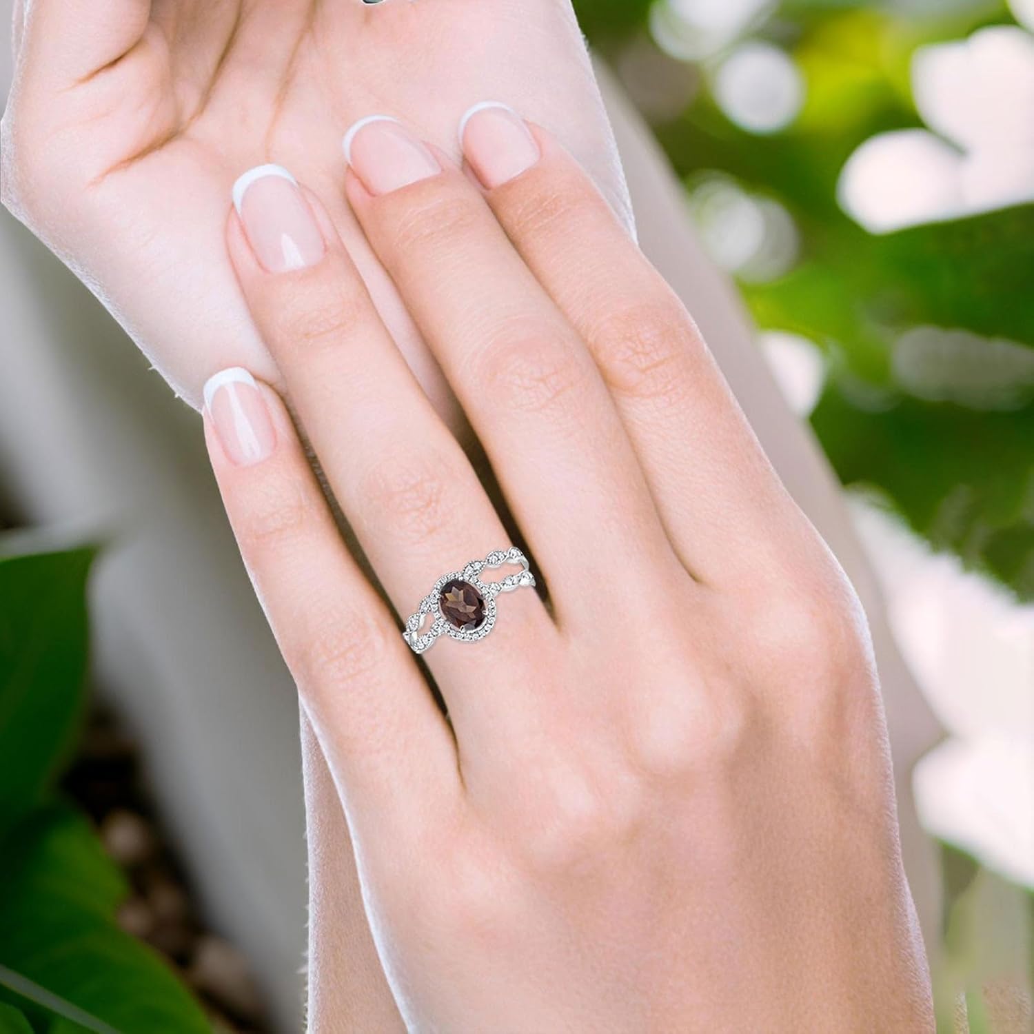 OMRANII Two Piece Art Deco Oval Natural Chocolate Smoky Quartz Vintage Style Halo CZ Wedding Set Engagement Bridal Rings For Women 925 Sterling Silver Gifts For Her