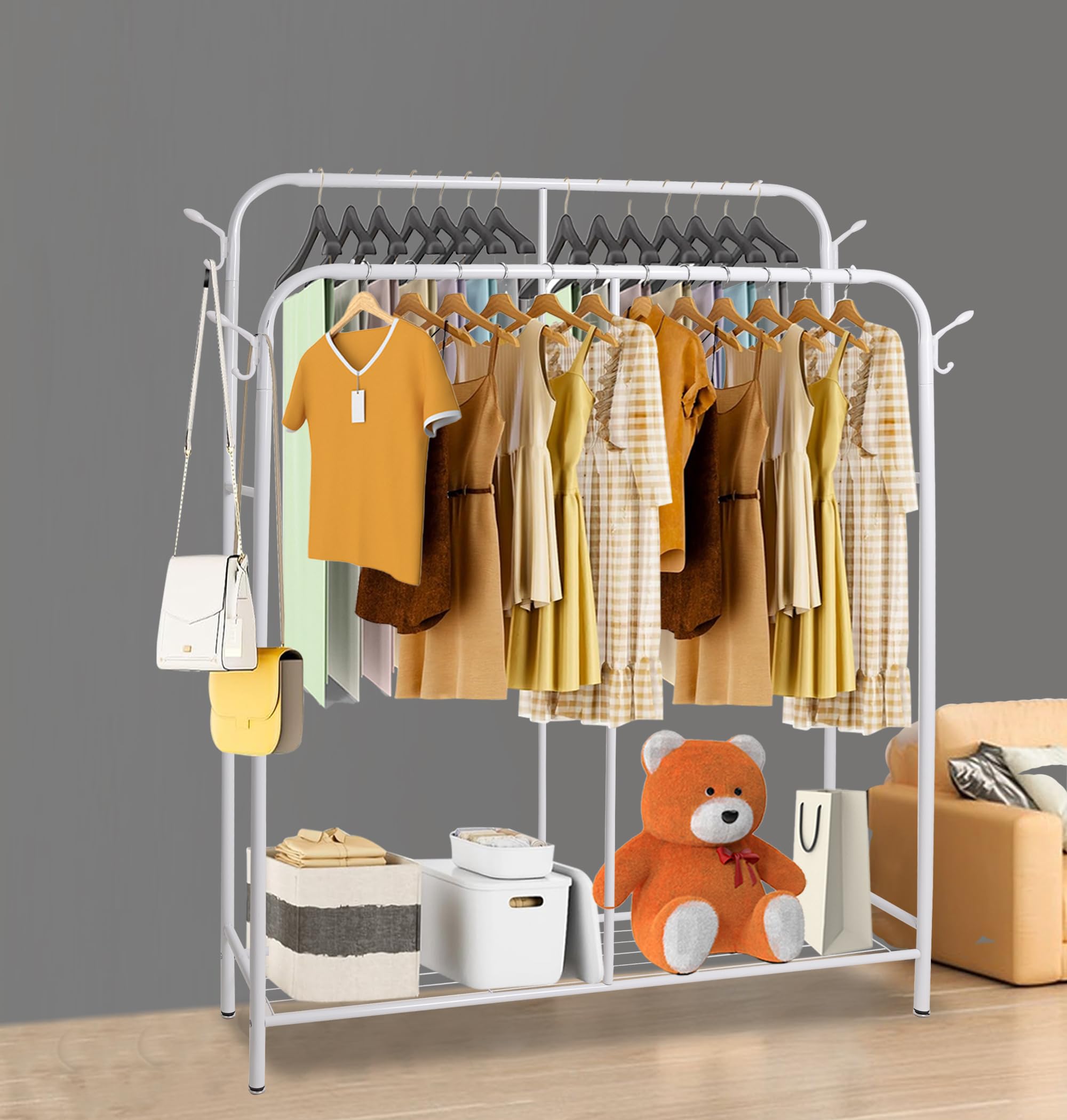 LEOPAX Double Rod Long Clothing Racks for Hanging Clothes, Heavy Duty Garment Rack with Shelves, Portable Closet Wardrobe Clothes Rack for Dresses, Coats, Shirts - White - 135 x 28 x 152cm (B0DD61QFC8) Amazon Price History, Amazon Price Tracker