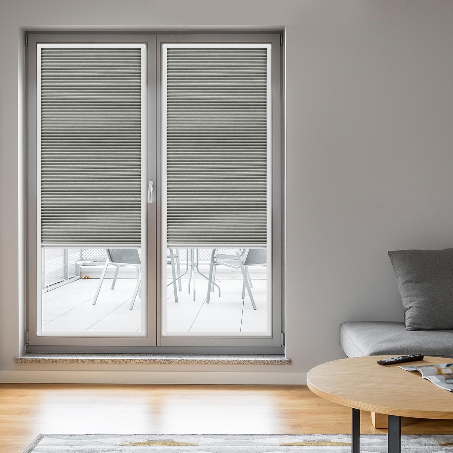 Add On Cellular Blinds Customized Size Light Filtering Thermal Insulation Fabric Recessed Cellular Shades for French Door Raised Frame Doors Inward-Opening Windows-White
