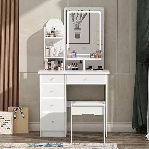 FUFU&GAGA Juego de tocador con espejo rectangular, tocador de maquillaje con 5 cajones, estantes, tocador y taburete acolchado (A blanco/espejo