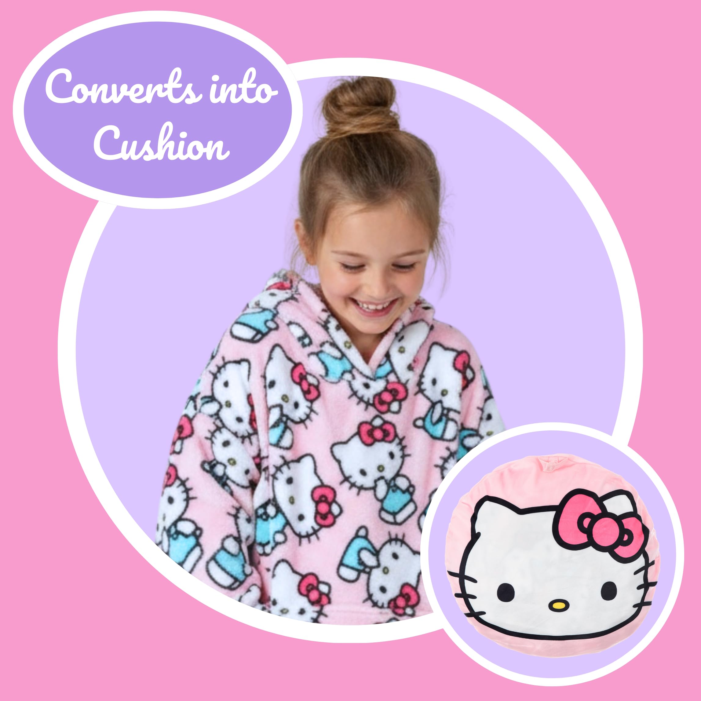 Hello Kitty Sweatshirt Mädchen, Kapuzendecke mit Design Weiche Fleecedecke Lässt sich in ein Kissen Verwandeln, Größen 4 bis 10 Jahre