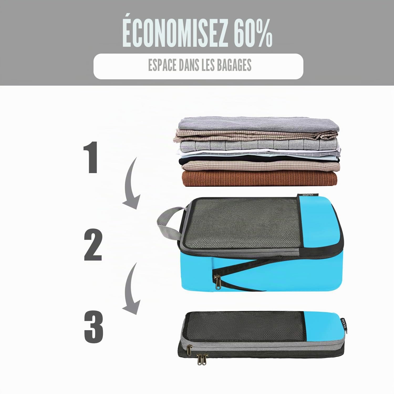 Eono Lot de 3/4/6 Organiseurs de Bagage Bagage Sac Compression pour Voyage Maquillqage Vêtement Sac Organisateur Rangement de Valise Compression Packing Cubes
