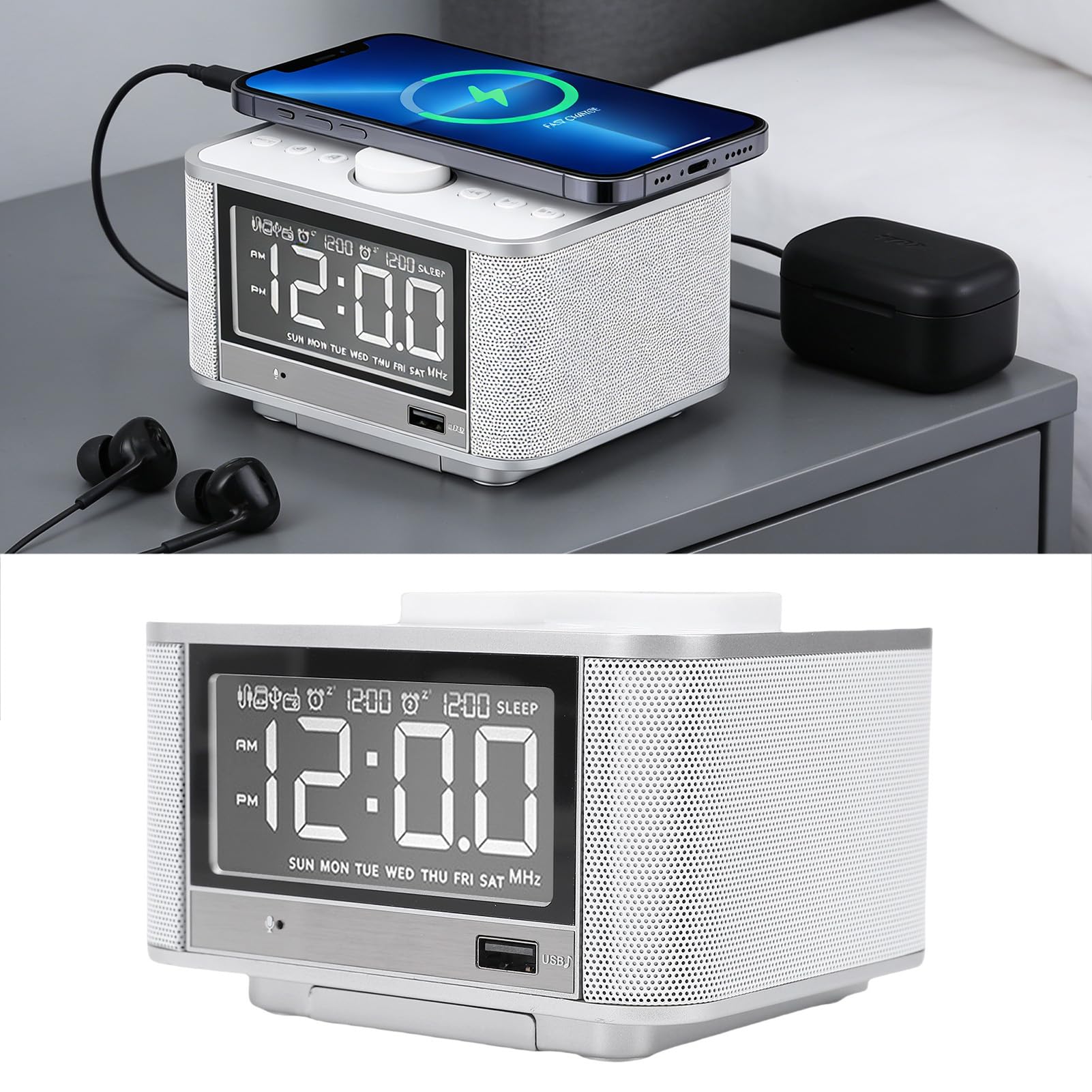 AMONIDA Sveglia con Altoparlante da 5 W, Radio FM con Ricarica Wireless, Display LCD e Porta AUX, per la Camera da Letto 'ufficio Domestico (Spina europea)
