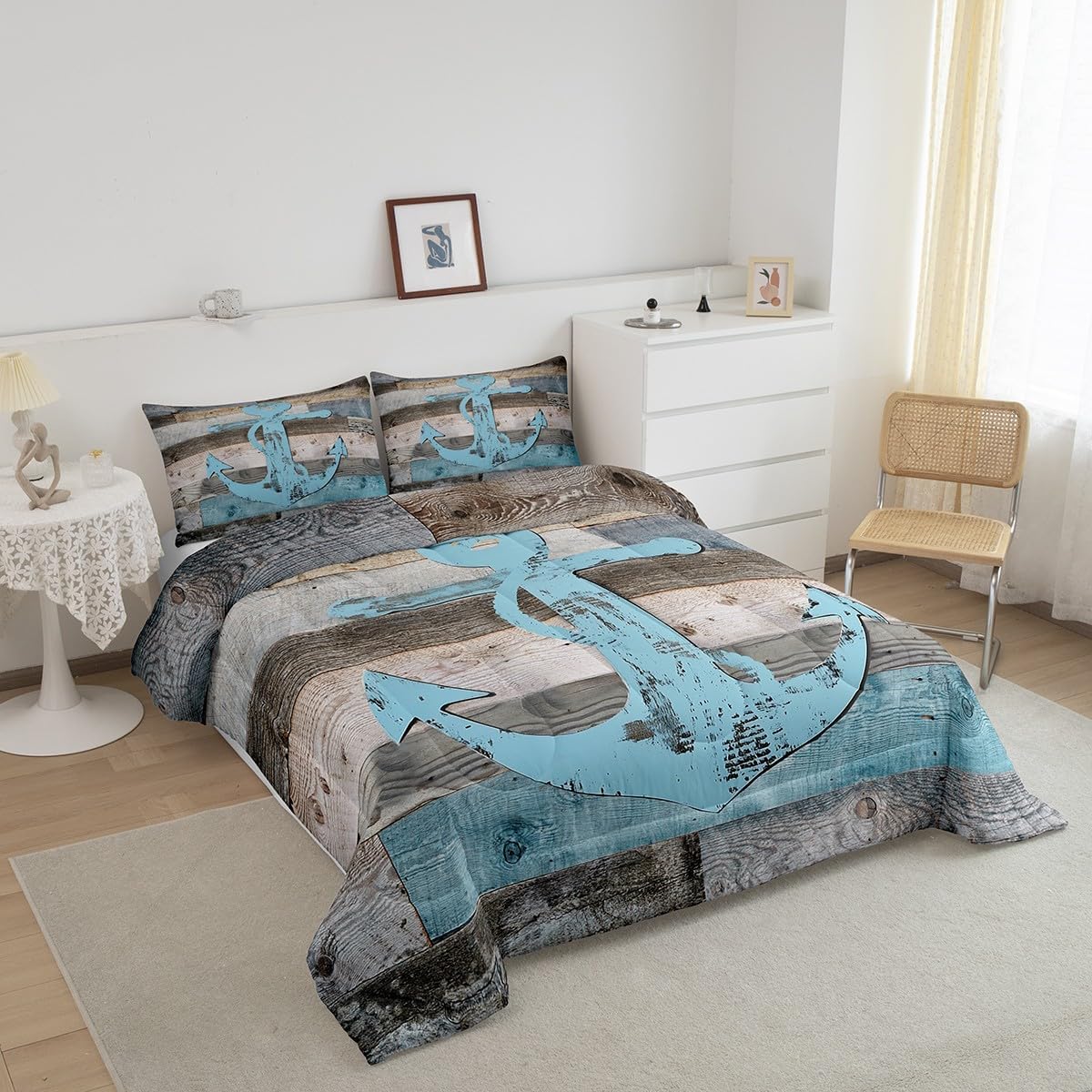 Anchor Nautical Comforter Set Twin,Vintage Plank Blue Brown Bedding Set 2pcs for Kids Teens Adults Room Decor,Camping Adventure Quilt Set,Rustic Farmhouse Duvet Insert with 1 Pillowcase
