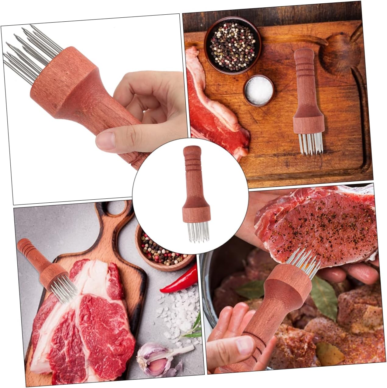 SHOWERORO 2pcs Stainless Steel Meat Tenderizer Needles Wooden Handle Meat Pounding Tool for Home Cooking for Steaks Bbq Marinades