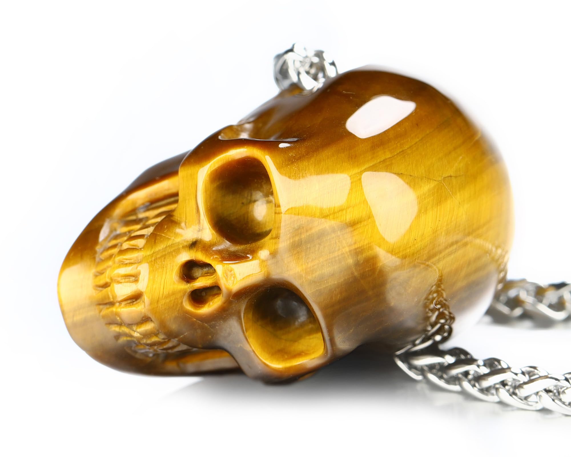 Skullis Necklace of Quartz/Black Obsidian Hand Carved Gem Crystal Skull Pendant for Men Women, Handmade One of A Kind Gift, Crystal Healing Skull Jewelry On The Go.: Gold Tiger's Eye