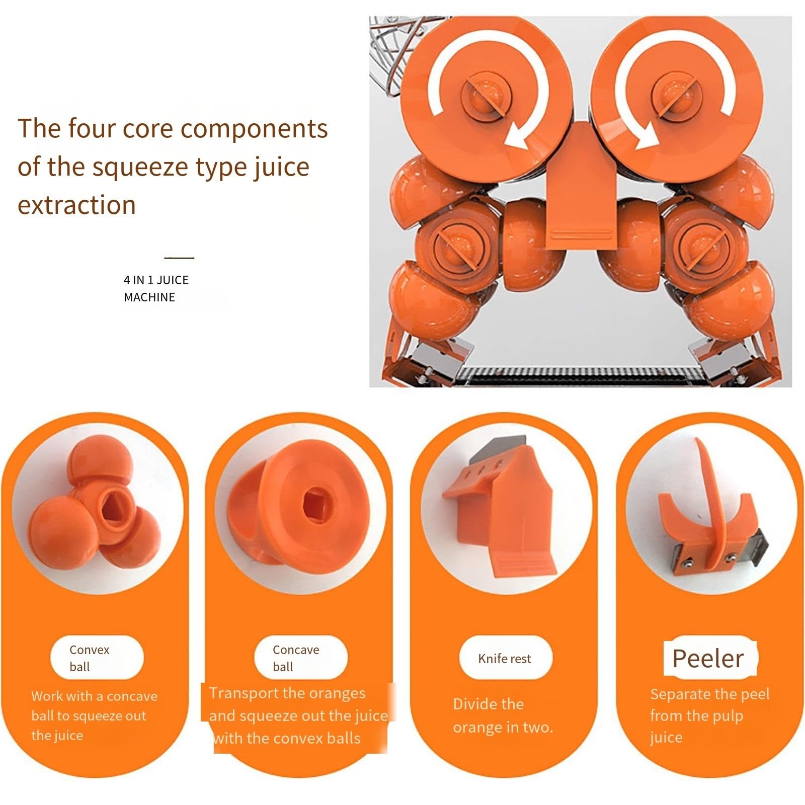 Exprimidor de jugo automático de naranja comercial, exprimidor de acero inoxidable de 120 W con cubos de recogida de cáscara y filtro extraíble, extrae 22-30 naranjas por minuto