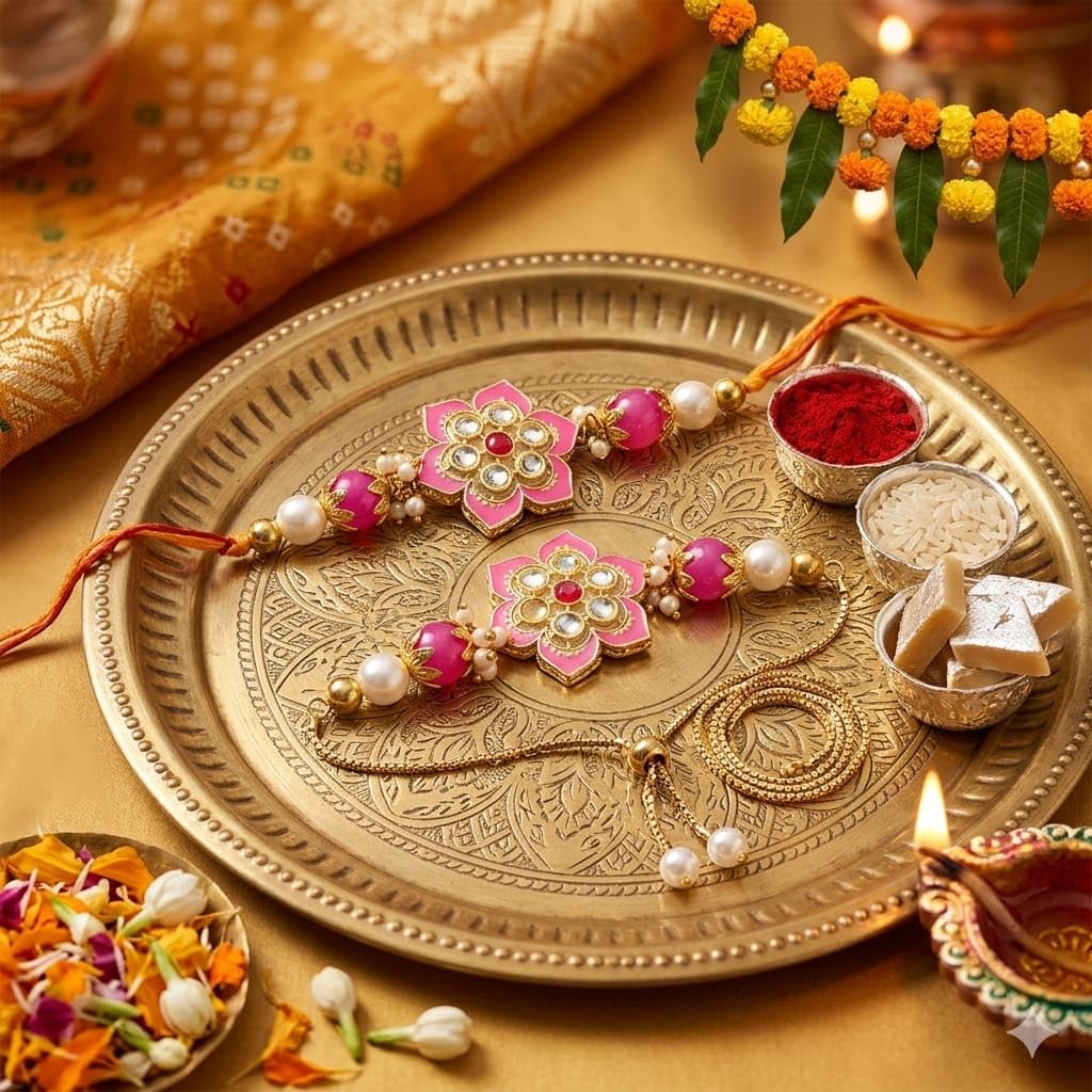 SAUDEEP INDIA Decorative Fridge Magnet for Refrigerator Decor | Lumba Rakhi Set for Bhaiya Bhabhi | Raksha Bandhan Gift Combo | Cotton Thread Rakhi Festive Gift Home Decor(Pink Export Quality)