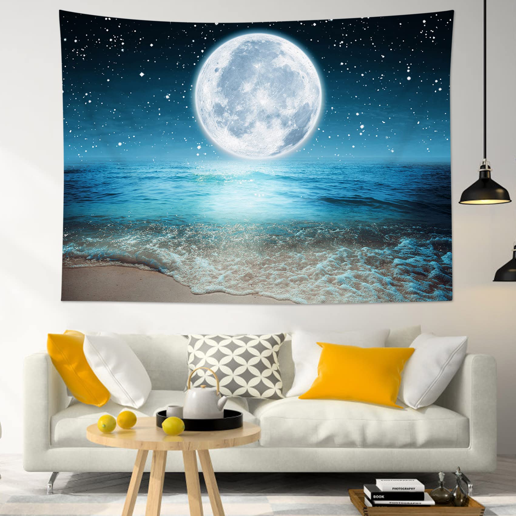 LB Blue Sea Tapestry Bright Moon in Black Night Sky Tapestry Wall Hanging Beach Scenery Tapestries for Living Room Bedroom Dorm Wall Decor,78x59 inch - Image 3