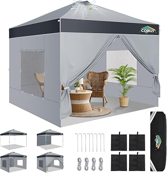 COBIZI 10x10 Pop Up Canopy Tent with Sidewalls, One Push Setup, Waterproof