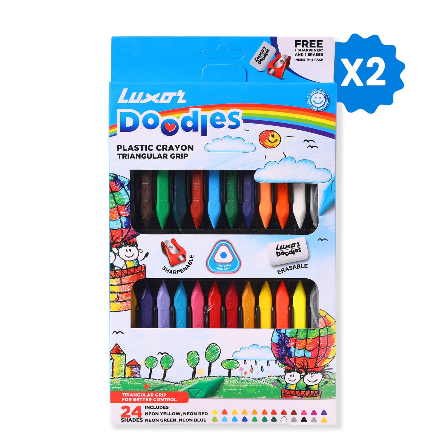 Luxor Doodles Triangular Grip Plastic Crayons| 24 Assorted Shades| 1 Free Eraser & 1 Sharpener | Best Choice For Kids