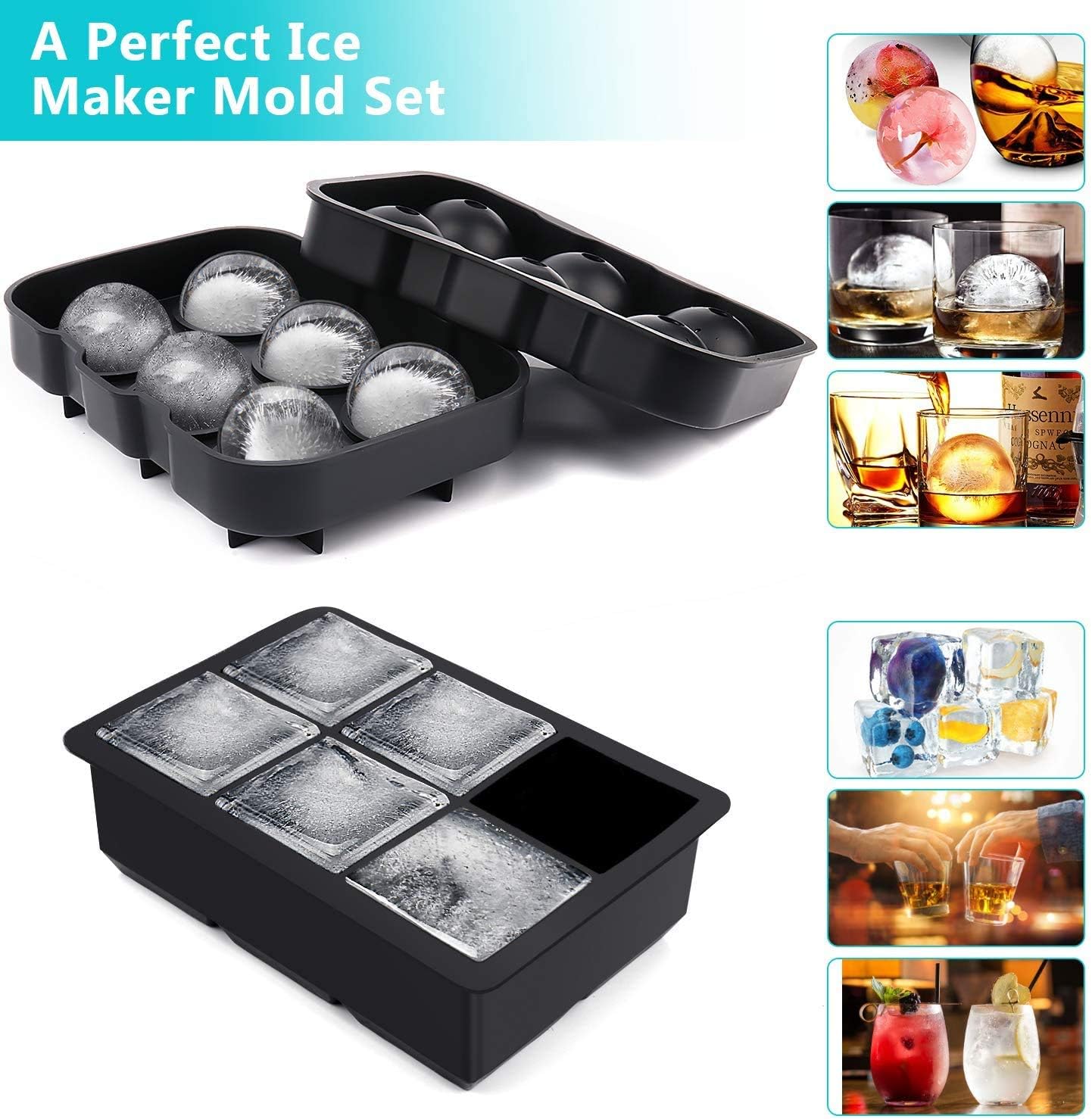 Ice Cube Trays Silicone Set of 2, Sphere Ice Ball Maker with Lid and Large Square Ice Cube Molds for Whiskey, Reusable and BPA Free