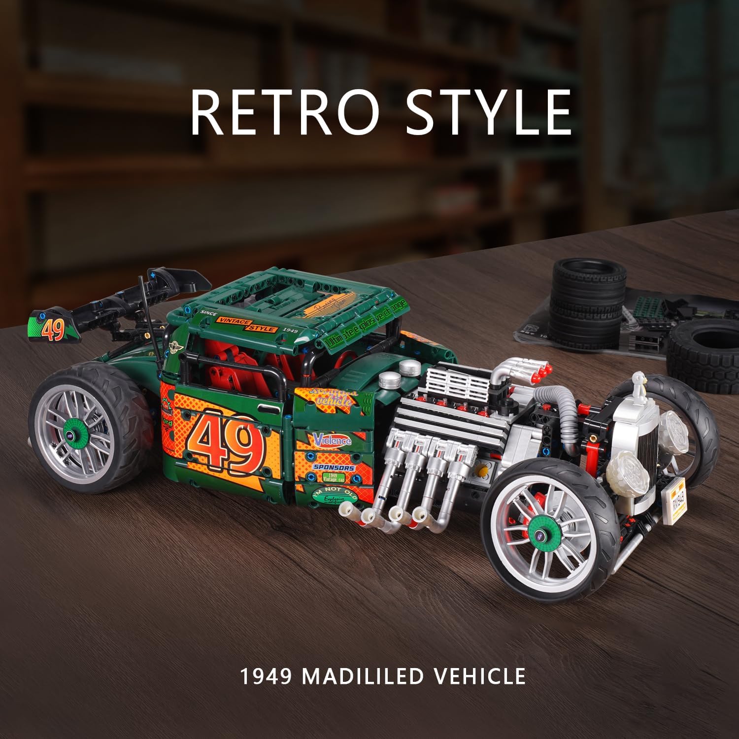 MISINI 10509 HOT Rod 1949 Vintage Car Building Blocks Set, 1:8 Retro Model Kits to Build, 2618/pcs MOC Supercar Bricks Toy, Car Building Kit for Adults