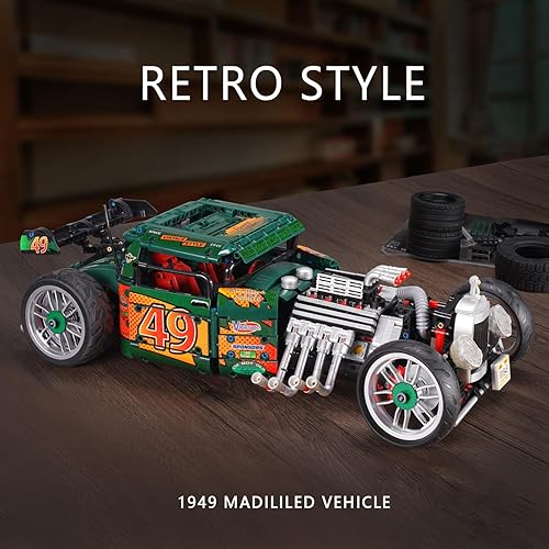Miniatura 4 de MISINI 10509 HOT Rod 1949 - Juego de bloques de construcción de automóvil vintage, 1:8 retro para construir, 2618 unidades/MOC juguete de ladrillos