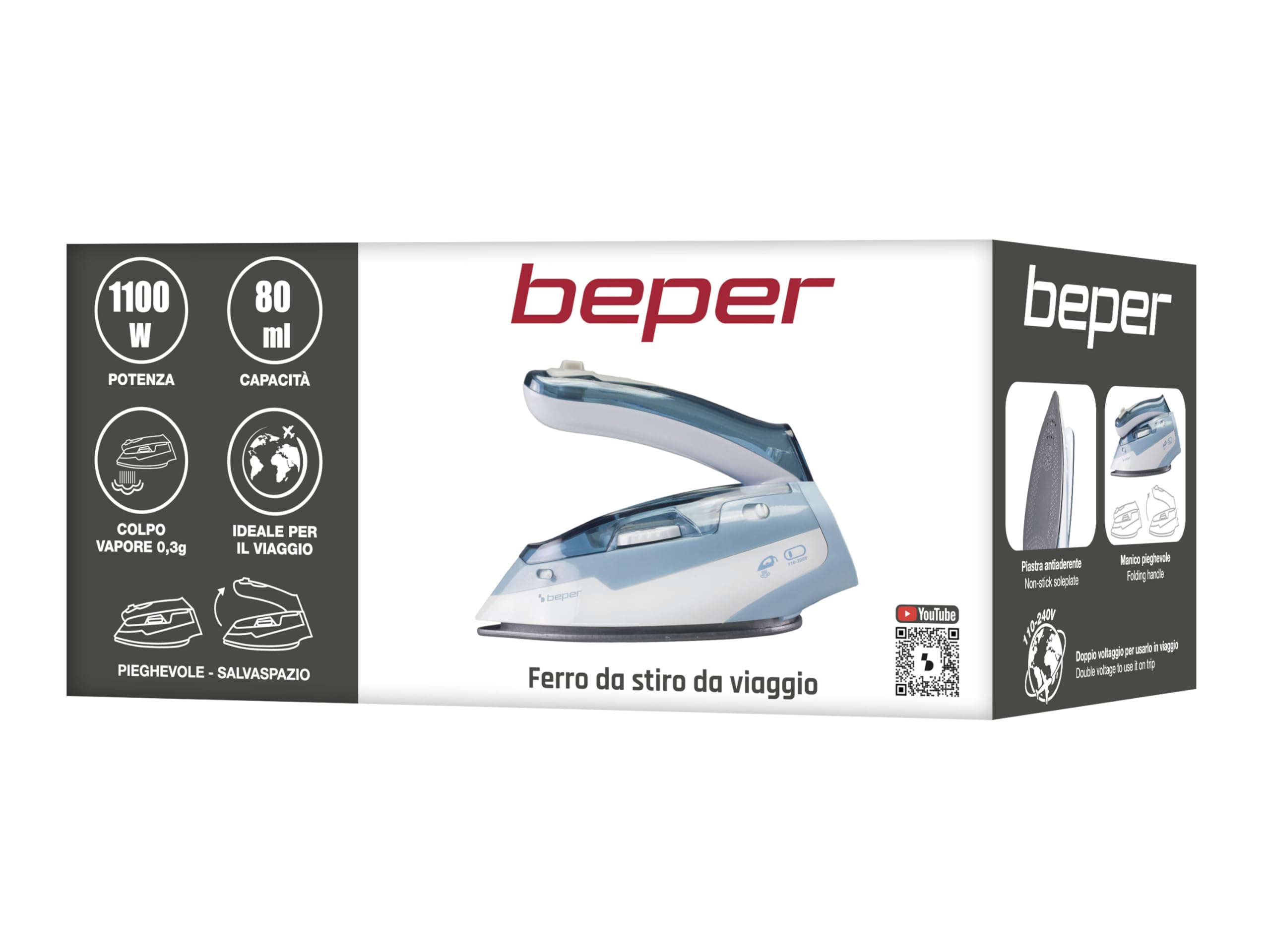 BEPER P204FER200 Ferro da Stiro da Viaggio Doppia Tensione Ideale per i viaggi - Ferro da Stiro Portatile con Manico pieghevole 1100W