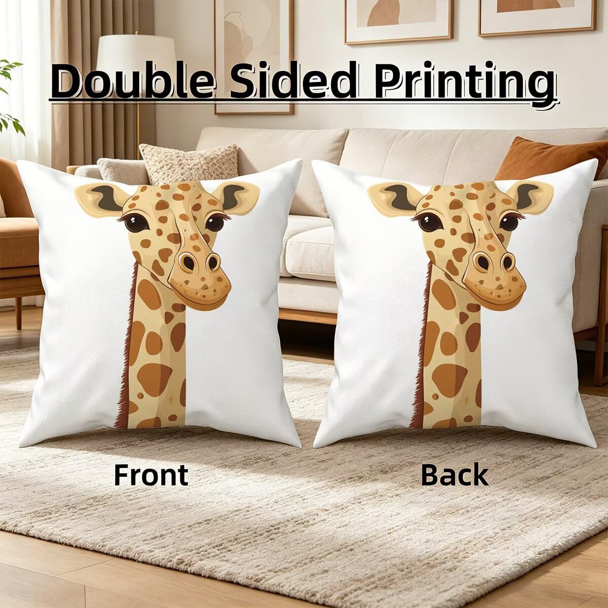 Federe Cuscino Divano 60x60, Bianco Cuscini per Divano da Esterno Set da 4, Lino Copricuscini Divanos Impermeabile, Copri Cuscini Giraffa Motivo Fronte Retro Stampato per Giardino, Sofá, Balcón, F-85