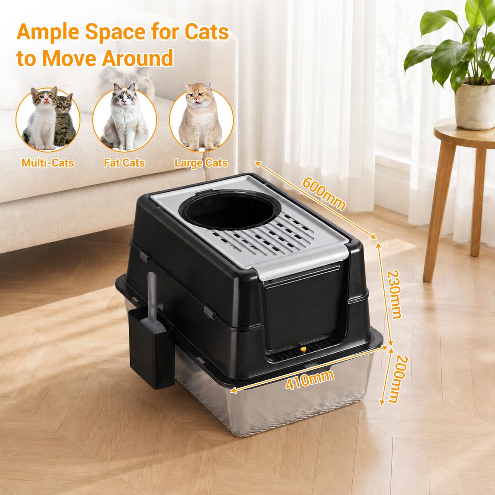 GarveeLife XL Edelstahl-Katzentoilette mit Haube – Schublade & Klapptür – hohe, auslaufsichere Wanne – geruchsarm, leicht zu reinigen, inkl. Schaufel – Schwarz – 60×40×43,5 cm (20 cm Wanne)