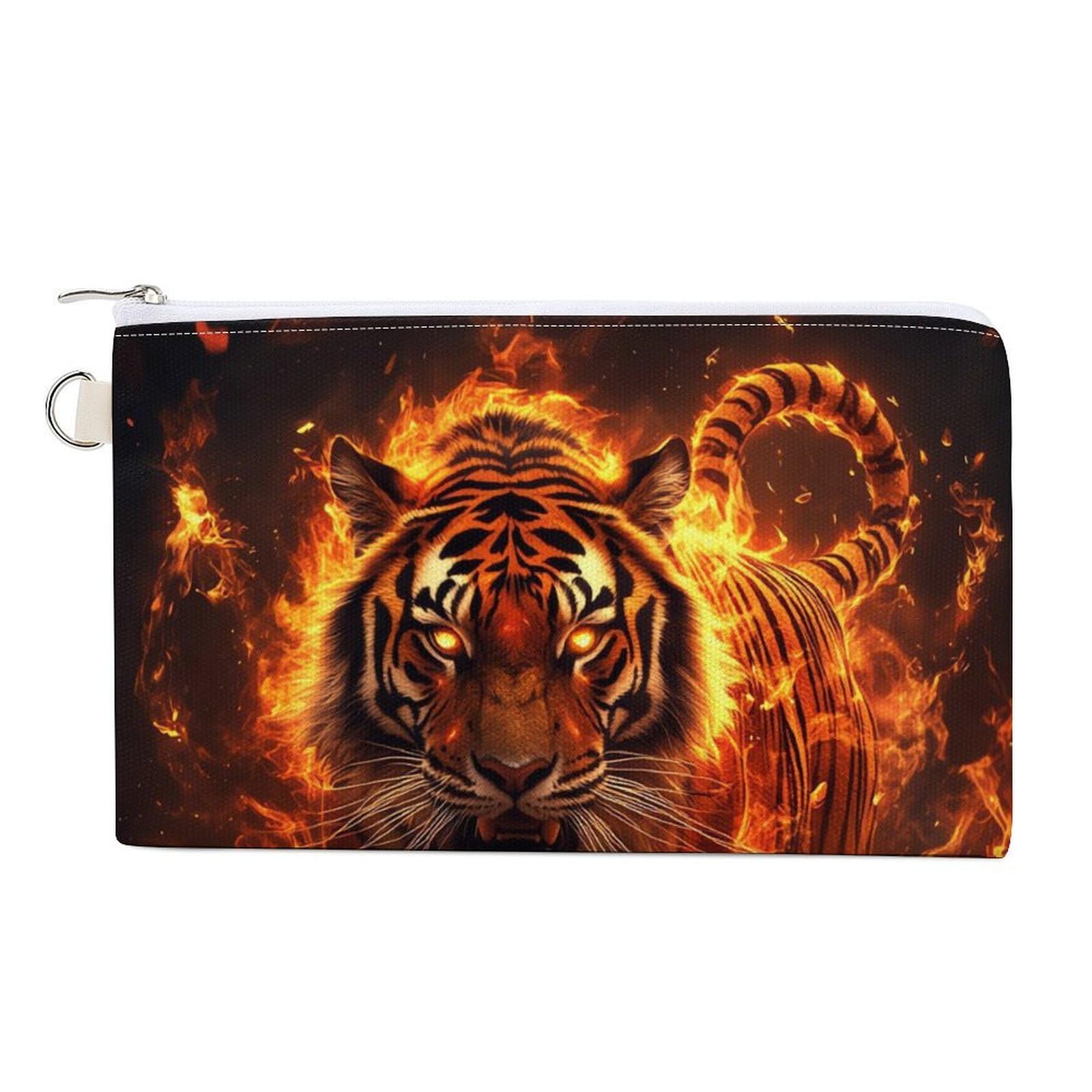 Fire Tiger Animal Coin Purse Canvas Change Pouch Portable Pocket Wallet Mini Storage Bag with Zippered Keychain