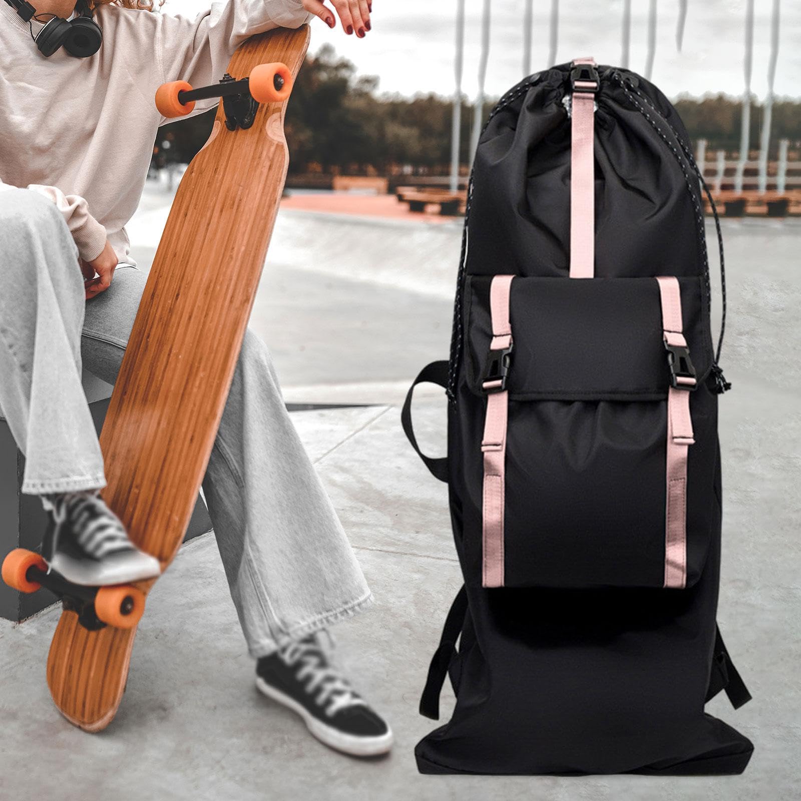 Sac à Dos pour Skateboard, Sacoche pour Longboard, Sac de Transport, Imperméable, Réfléchissant, Multifonctionnel pour Les, Les Activités de P, Rose