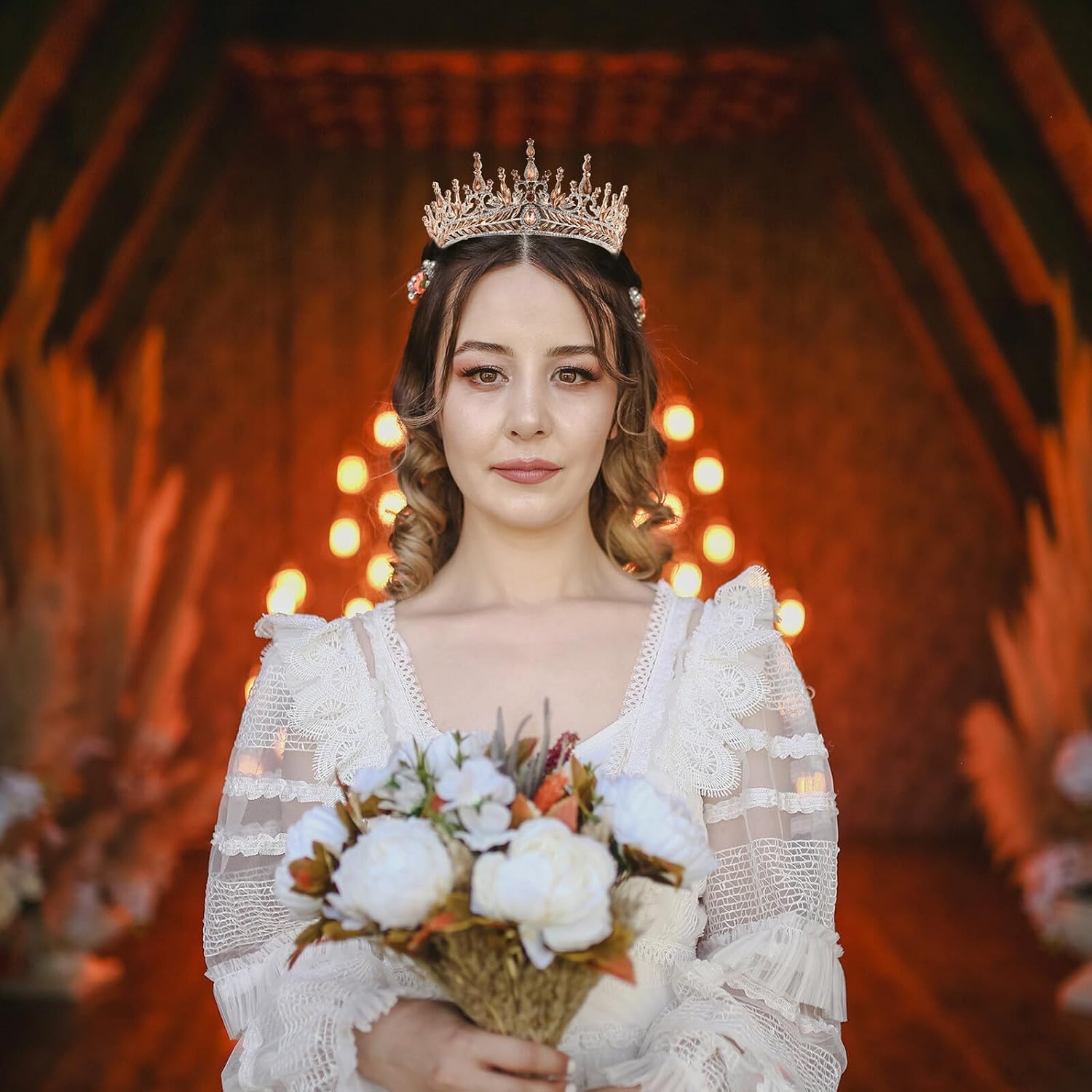 Baroque Rhinestone Alloy Bride Crown Tiara Wedding Hair Decor Peach Crystal Bridal Photo Party Headpiece Accessory