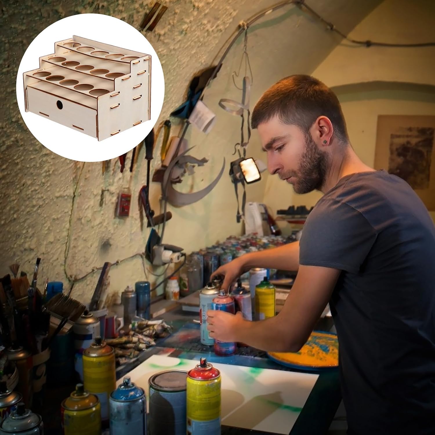 Wooden Paint Rack Double Layer Storage Organizer for Brushes